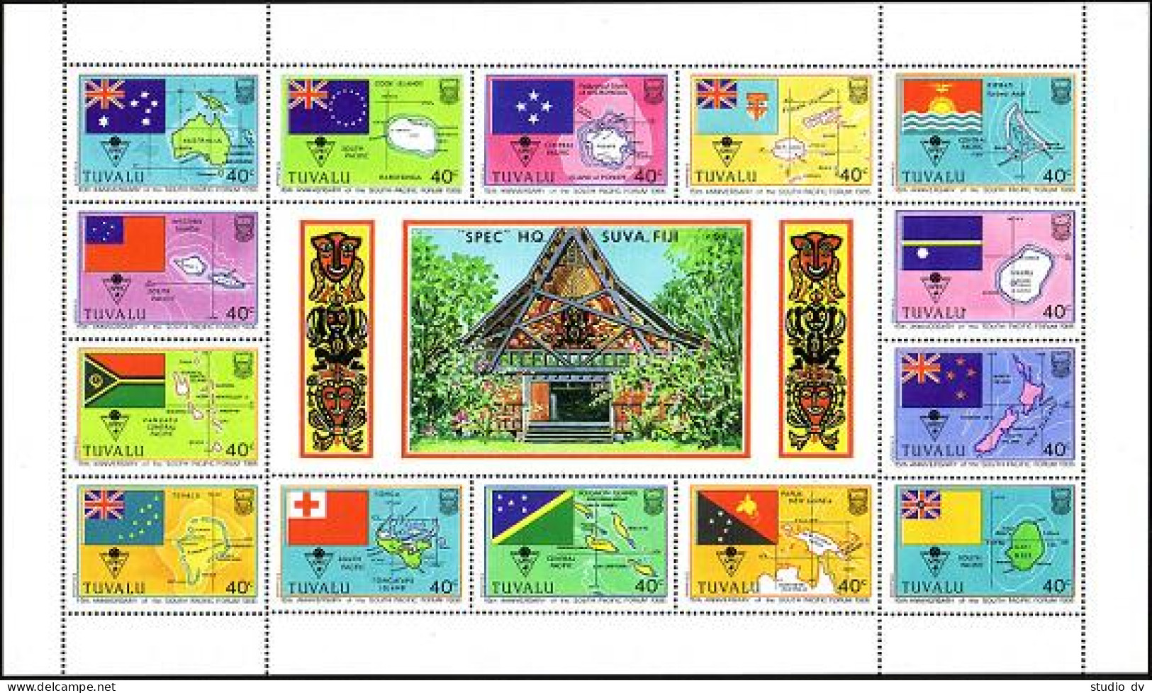 Tuvalu 388 An Sheet, MNH. Mi 387-400. South Pacific Forum,15, 1986. Maps, Flags. - Tuvalu