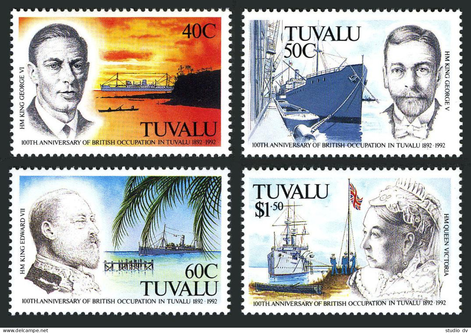 Tuvalu 590-593, MNH. Mi 611-614. Annexation Of Gilbert/Ellice, 100, 1992. Ships. - Tuvalu (fr. Elliceinseln)