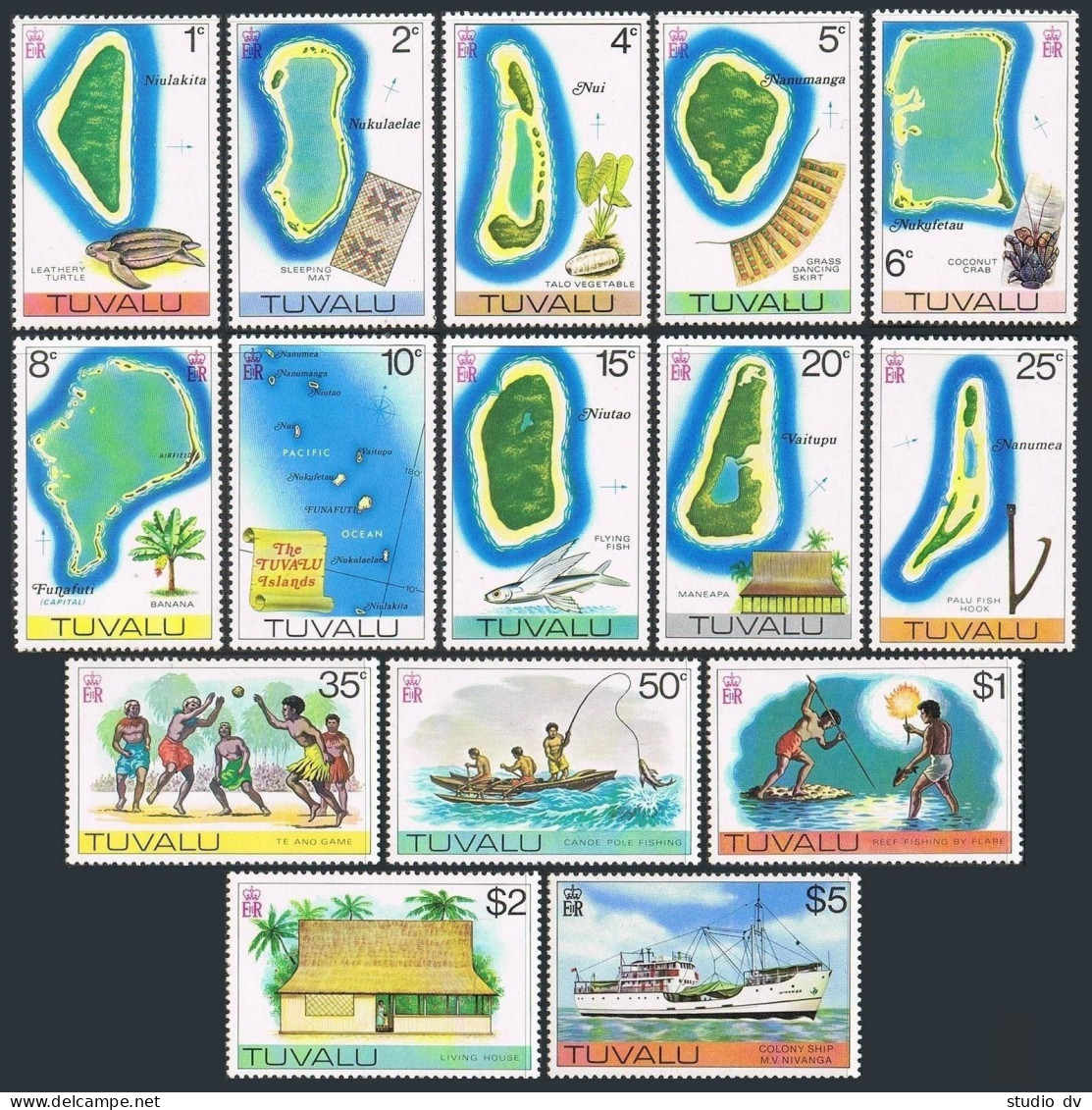 Tuvalu 23-37 WMK 373, MNH. Mi 23-37-X. 1976. Maps, Turtle, Crab, Fishing, Trees, - Tuvalu