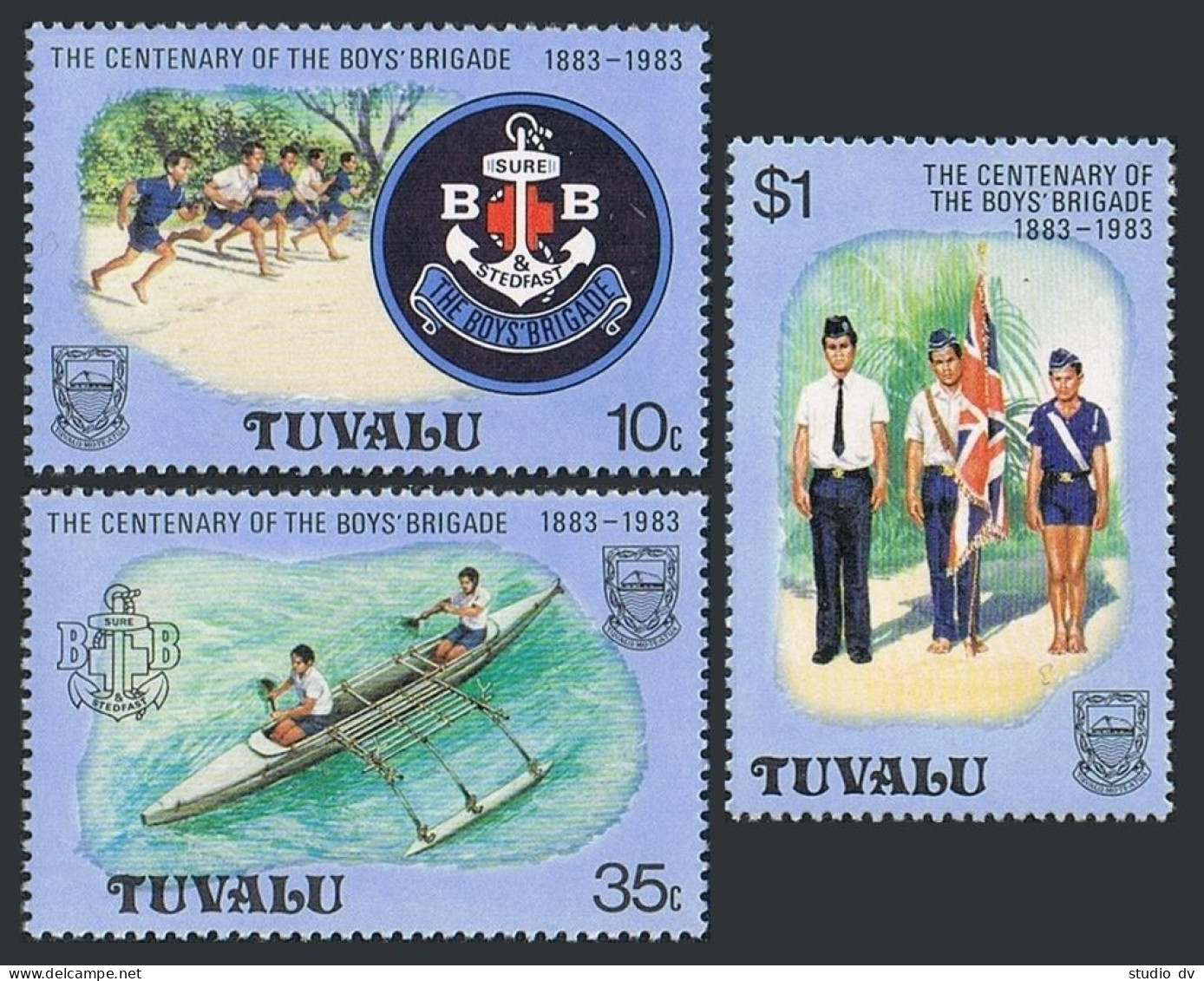 Tuvalu 204-206, MNH. Mi 194-196. Boy's Brigade, 1983. Badge, Running,Canoe,Flag. - Tuvalu (fr. Elliceinseln)