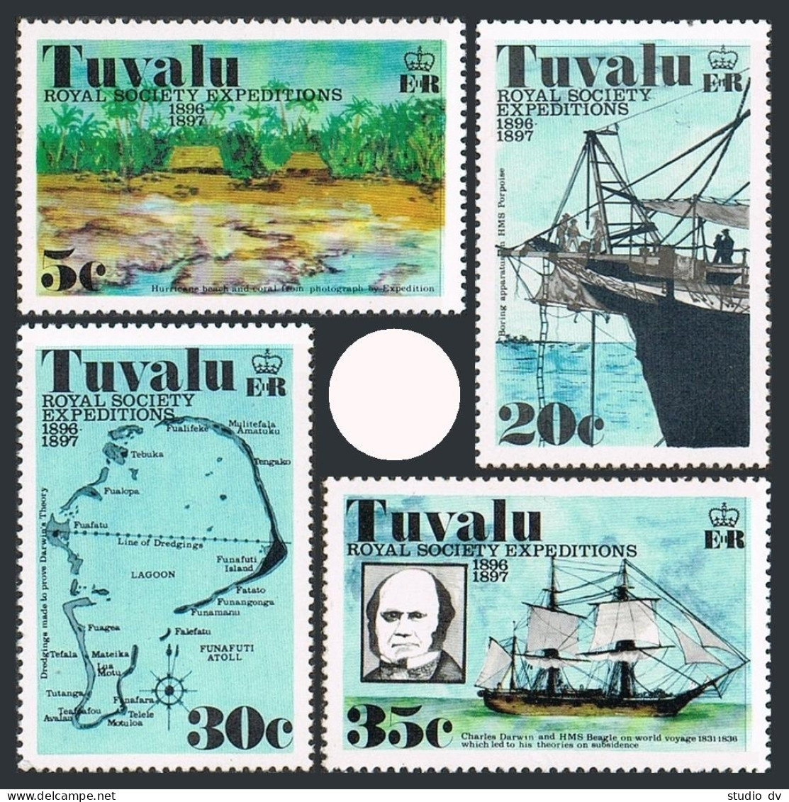 Tuvalu 54-57, MNH. Mi 55-58. Society Expedition, 100, 1977. Charles Darwin, Map. - Tuvalu (fr. Elliceinseln)