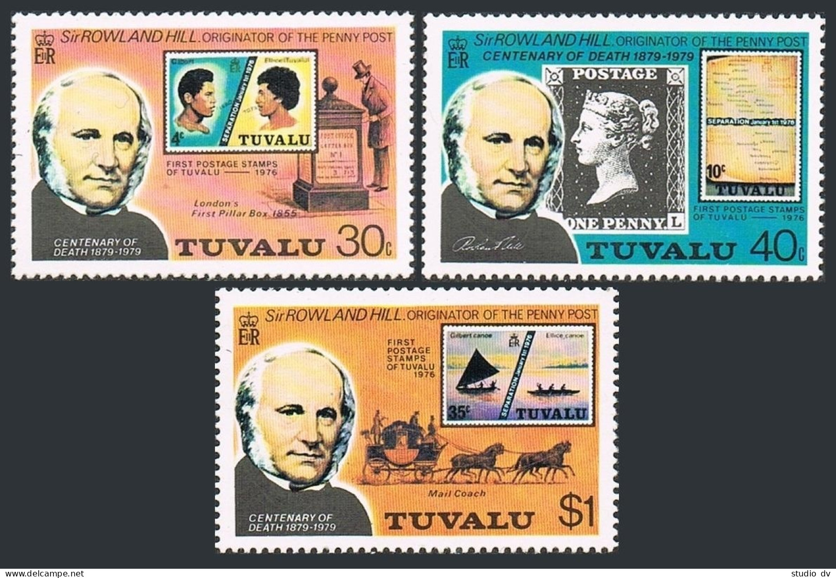 Tuvalu 122-124,124a, MNH. Mi 109-111,Bl.3. Rowland Hill, 1979. Canoes,Map,Coach. - Tuvalu (fr. Elliceinseln)