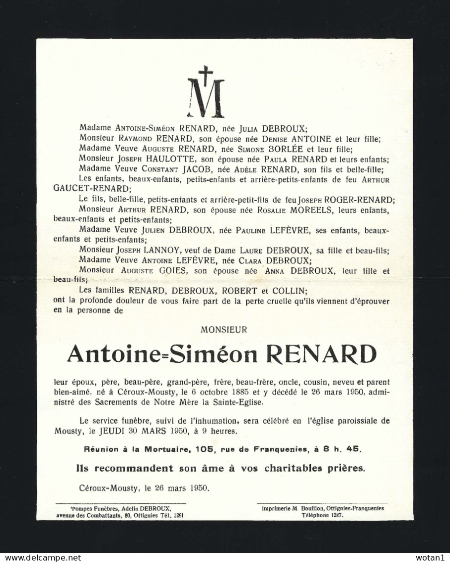 M. Antoine-Siméon RENARD, Né à CEROUX-MOUSTY Le 6-10-1885 Et Y Décédé Le 26-3-1950 - Décès