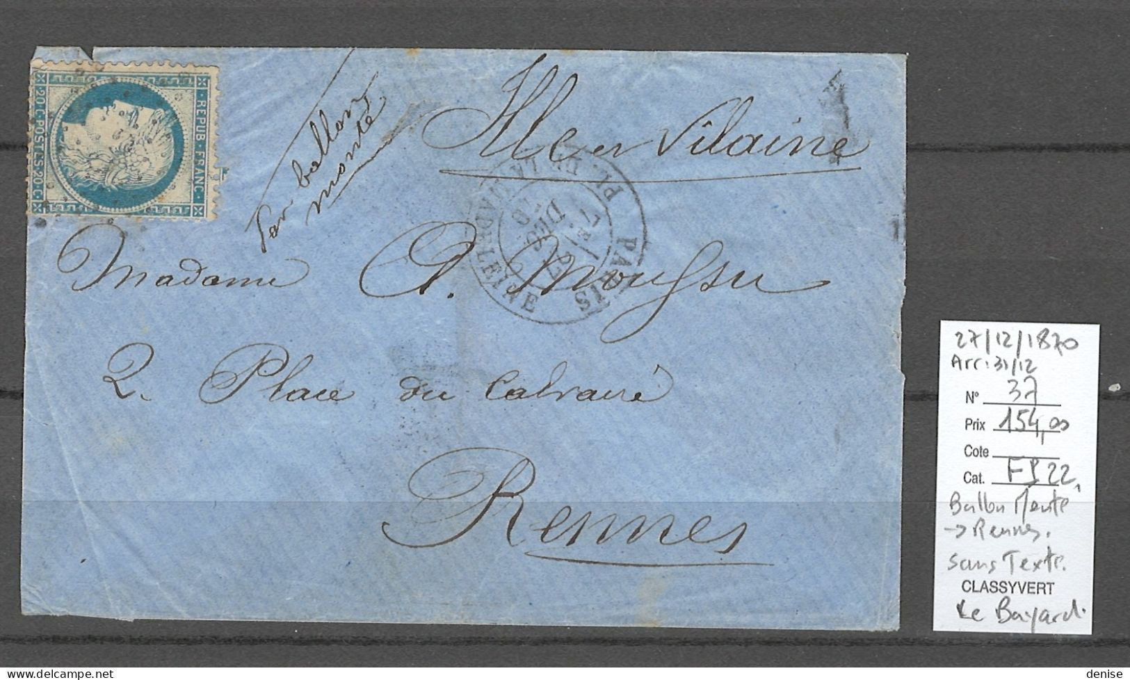 France - Ballon Monté Pour RENNES - Ille Et Vilaine  - 27/12/1870 -  LE BAYARD - Guerra Del 1870