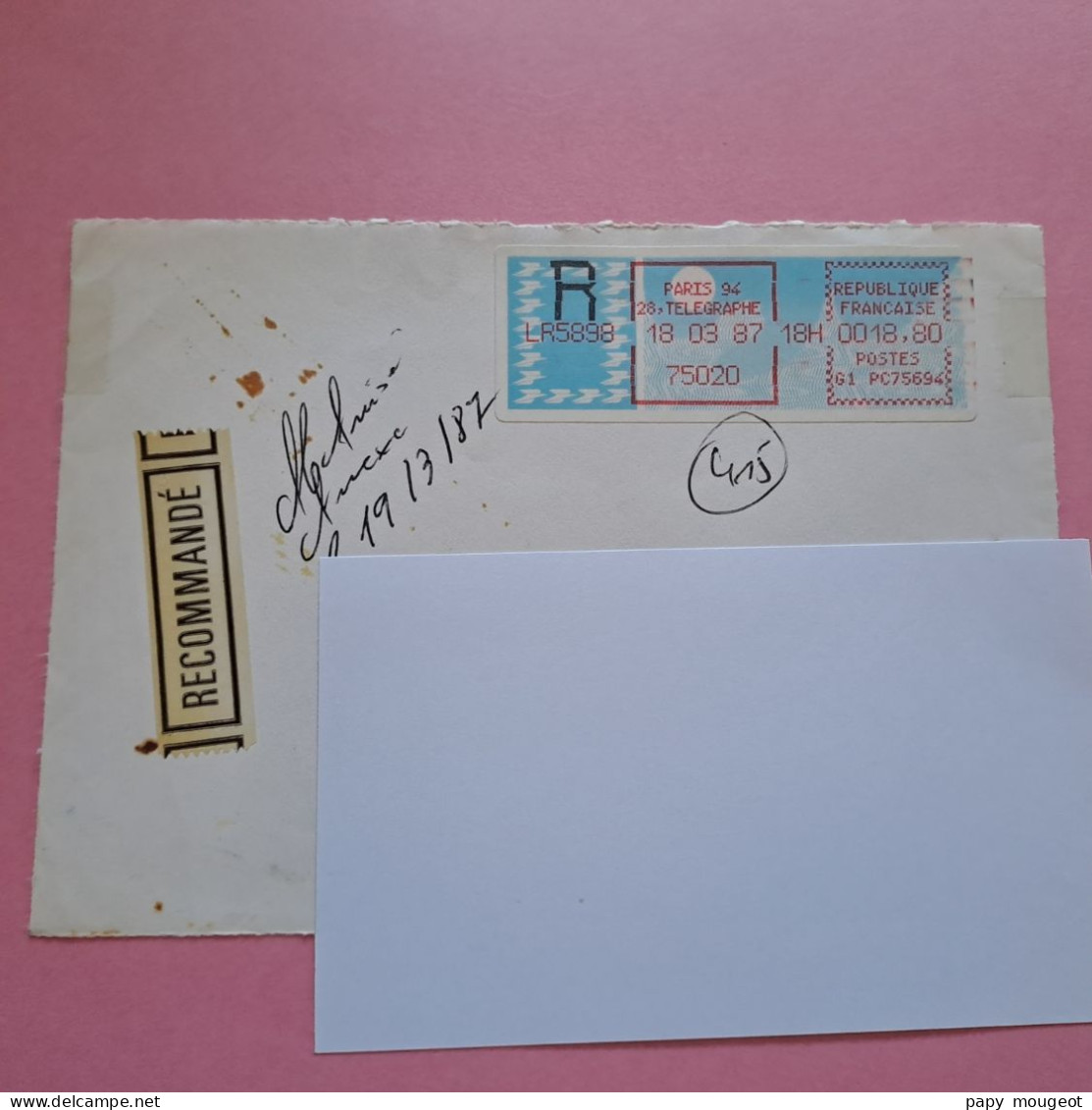 Paris 94 - 75020 - 18-03-1987 LR Poste G1 PC75694 - Devant D'enveloppe - 1985 Papier « Carrier »