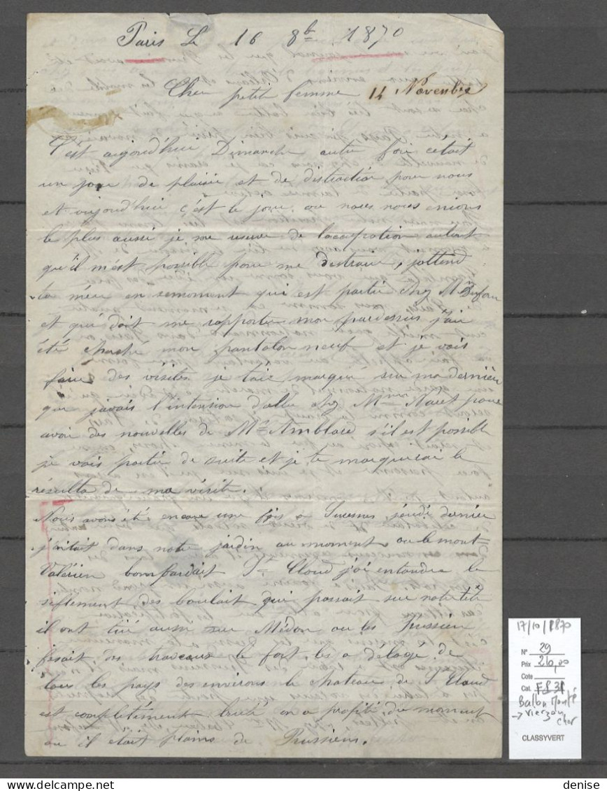 France - Ballon Monté Pour VIERZON - Cher - 17/10/1870 - LE VICTOR HUGO - Guerra Del 1870