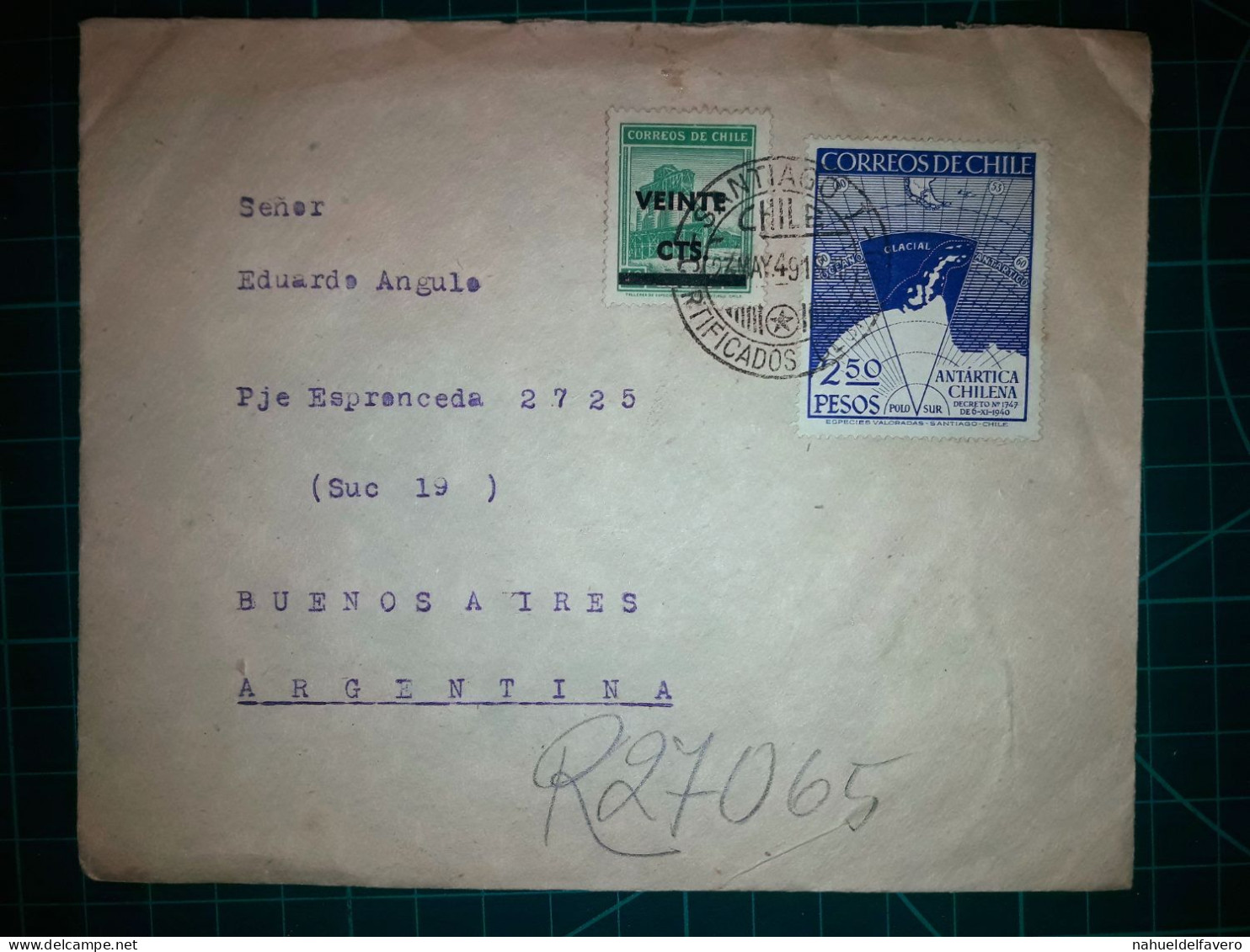 RÉPUBLIQUE DU CHILI, Enveloppe Distribuée à Buenos Aires, Argentine. Cachet De La Poste à Santiago Du Chili En 1949. Tim - Chili