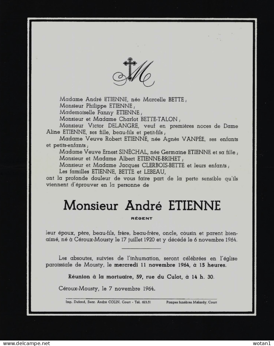 M. André ETIENNE, Né à CEROUX-MOUSTY Le 17-07-1920 Et Y Décédé Le 6-11-1964 - Esquela