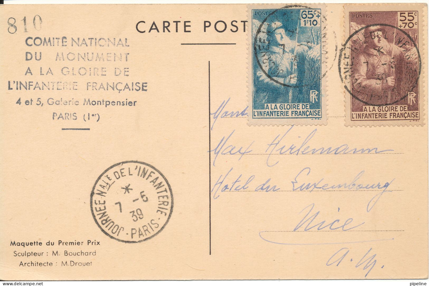 France Carte Postale Comite National Du Monuament A La Glorie De L' Infanterie Francaise 7-6-1939 - Storia Postale