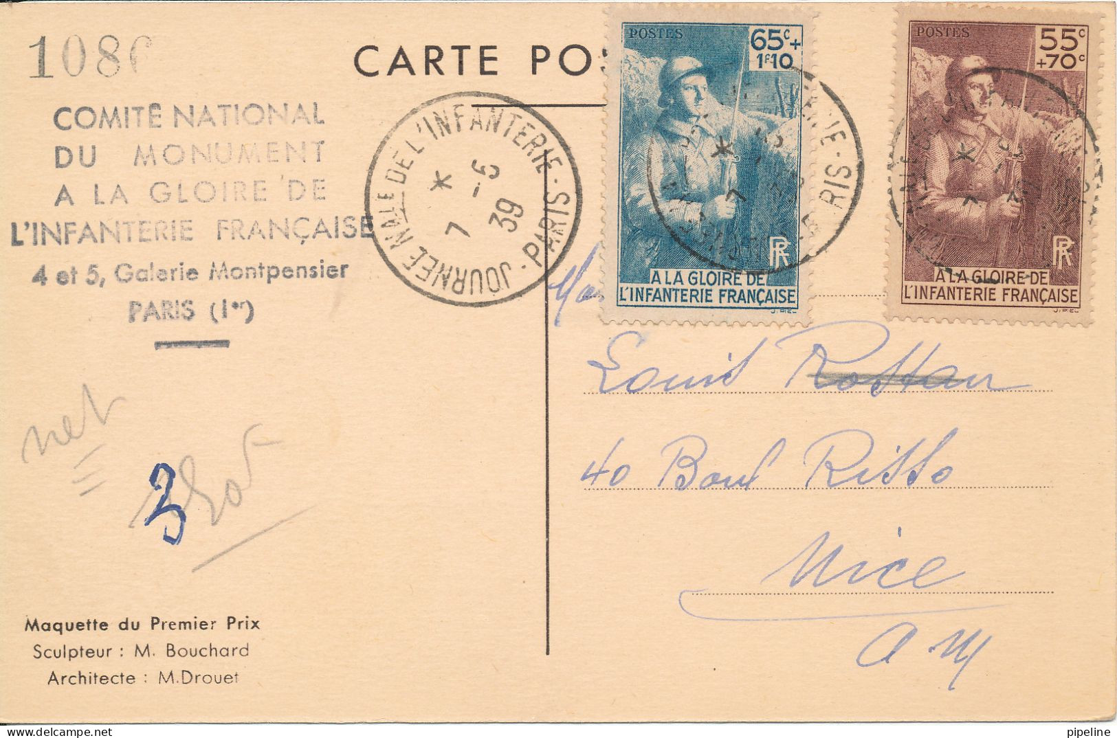 France Carte Postale Comite National Du Monuament A La Glorie De L' Infanterie Francaise 7-6-1939 - Briefe U. Dokumente