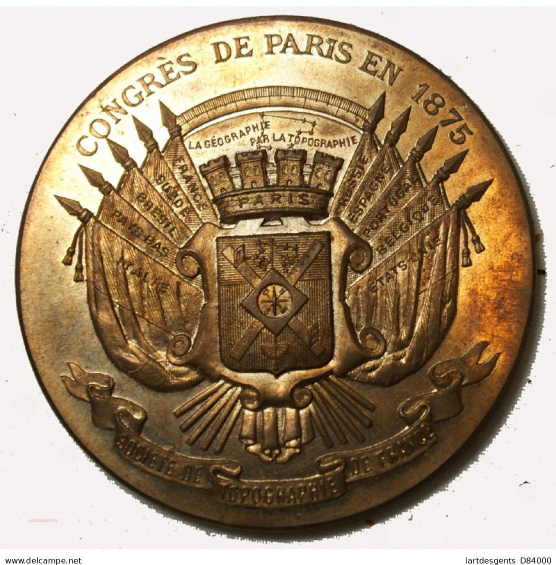 Médaille Congrès De Paris 1875, Topographie De France Bronze 60grs - Professionali / Di Società