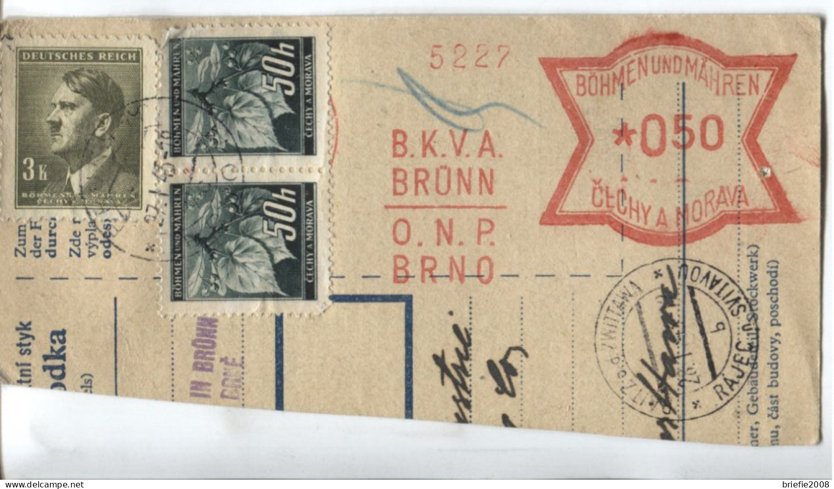 Böhmen Und Mähren Absenderfreistempel Brünn11 Paketkartenabschn. 27.1.45 B.K.V.A. - Cartas & Documentos