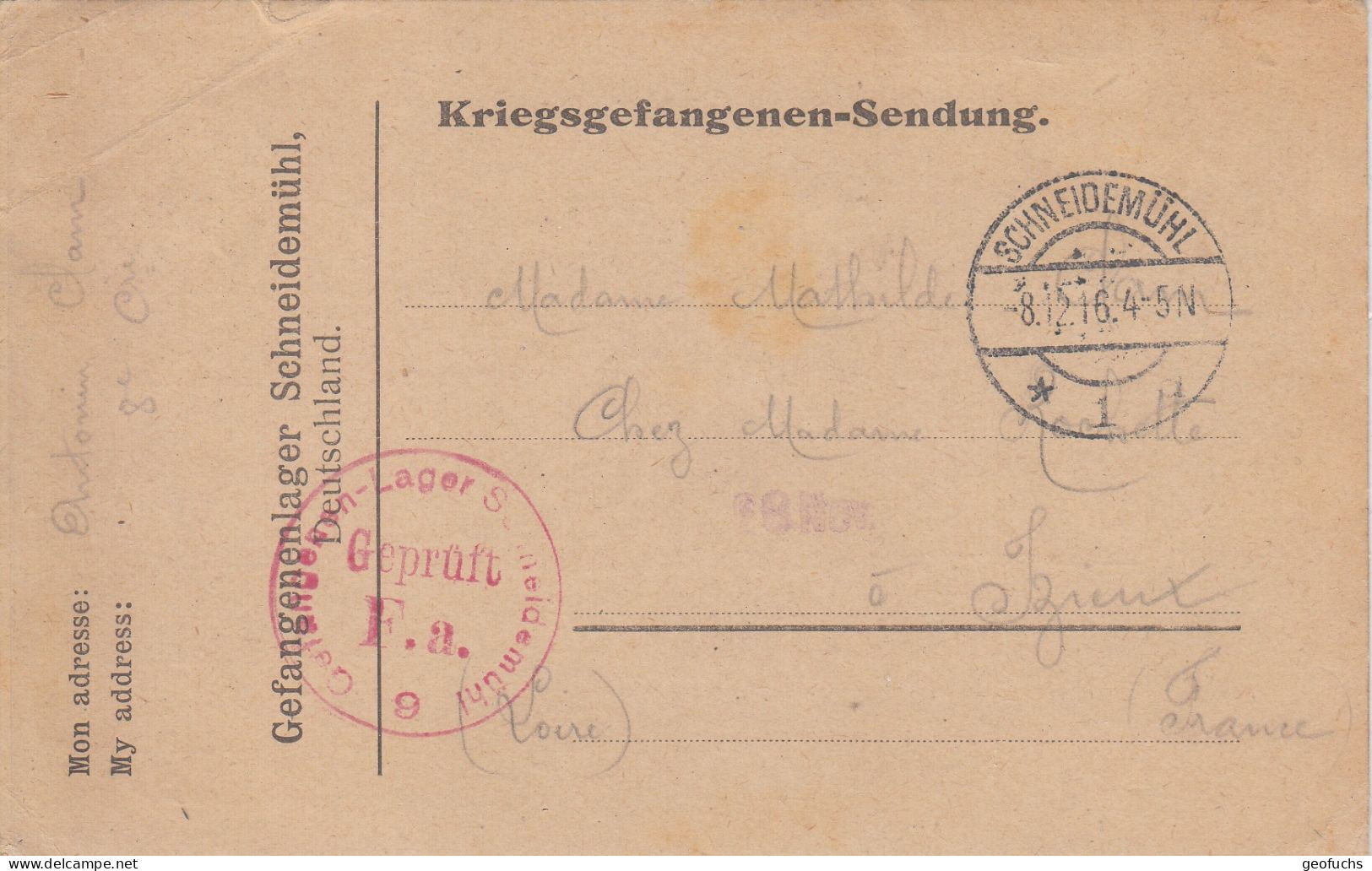 Carte Allemande En Franchise Pour Prisonnier Français, Camp De SCHEIDEMÜHL (Prusse),  écrite 8.12.16, Censurée - Oorlog 1914-18