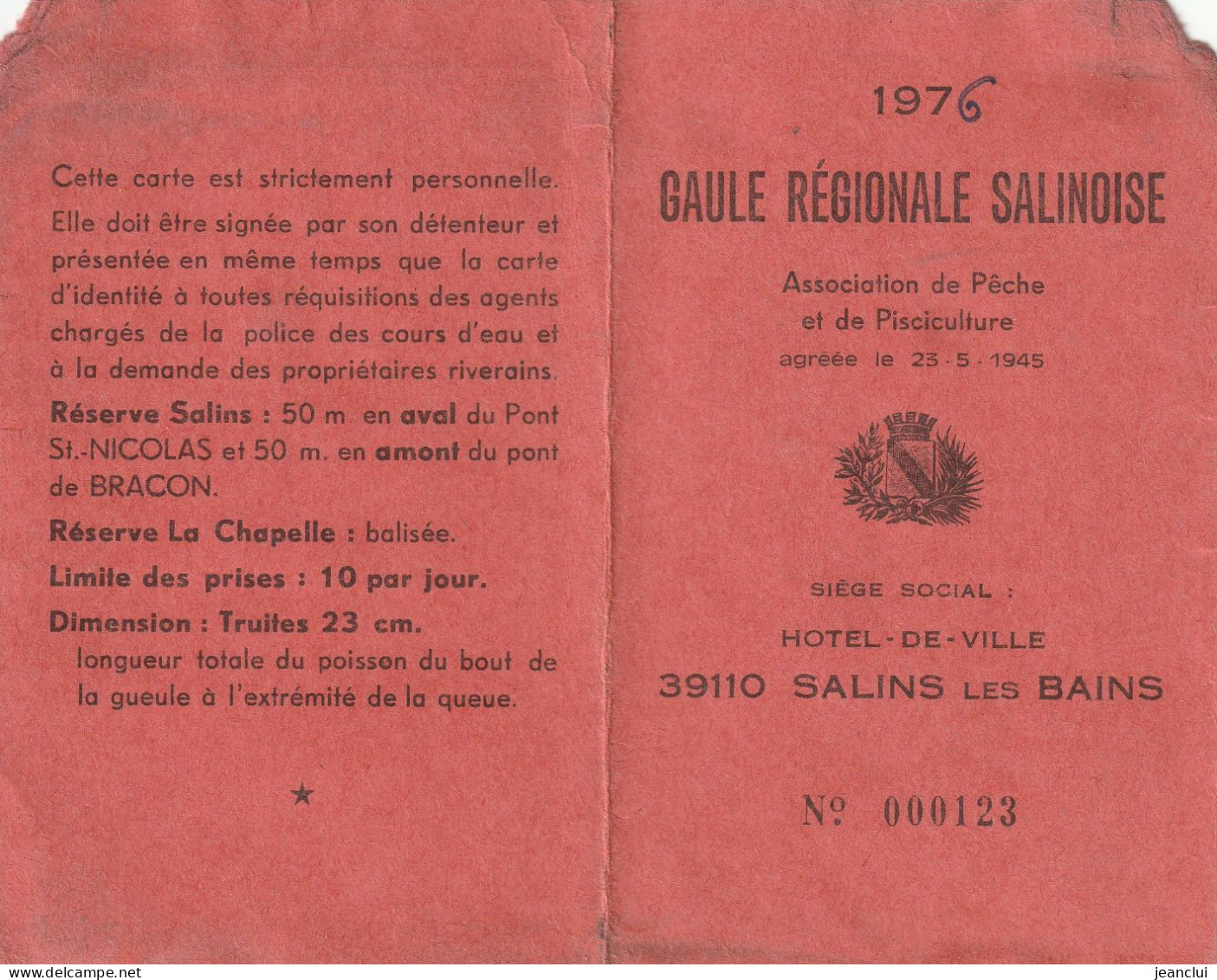 GAULE REGIONALE SALINOISE  .  ANNEE 1976 .  . - Mitgliedskarten