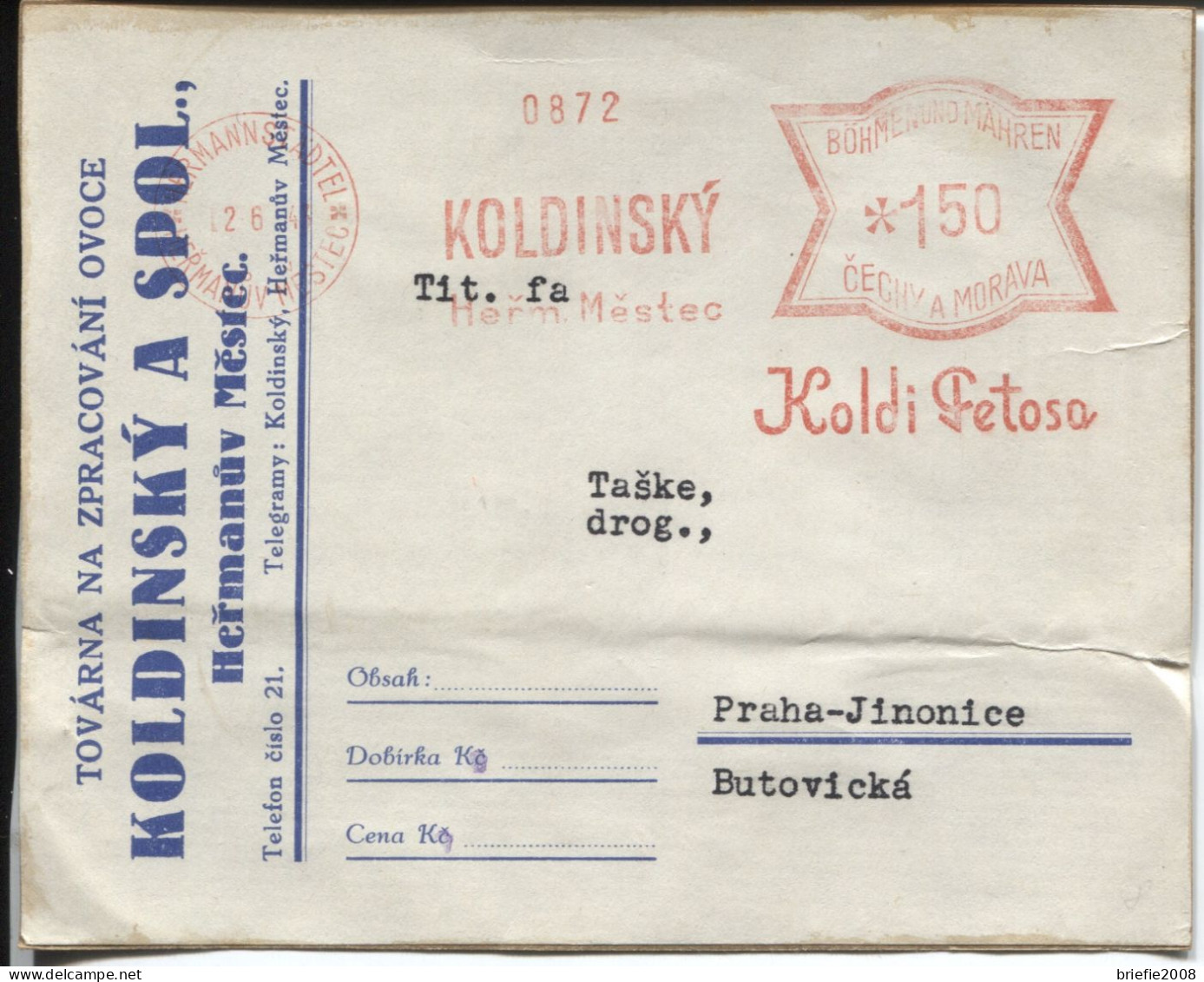 Böhmen Und Mähren Absenderfreistempel Hermannstädtel Drucksache 1.50 K. Koldinsky 12.6.43 - Storia Postale