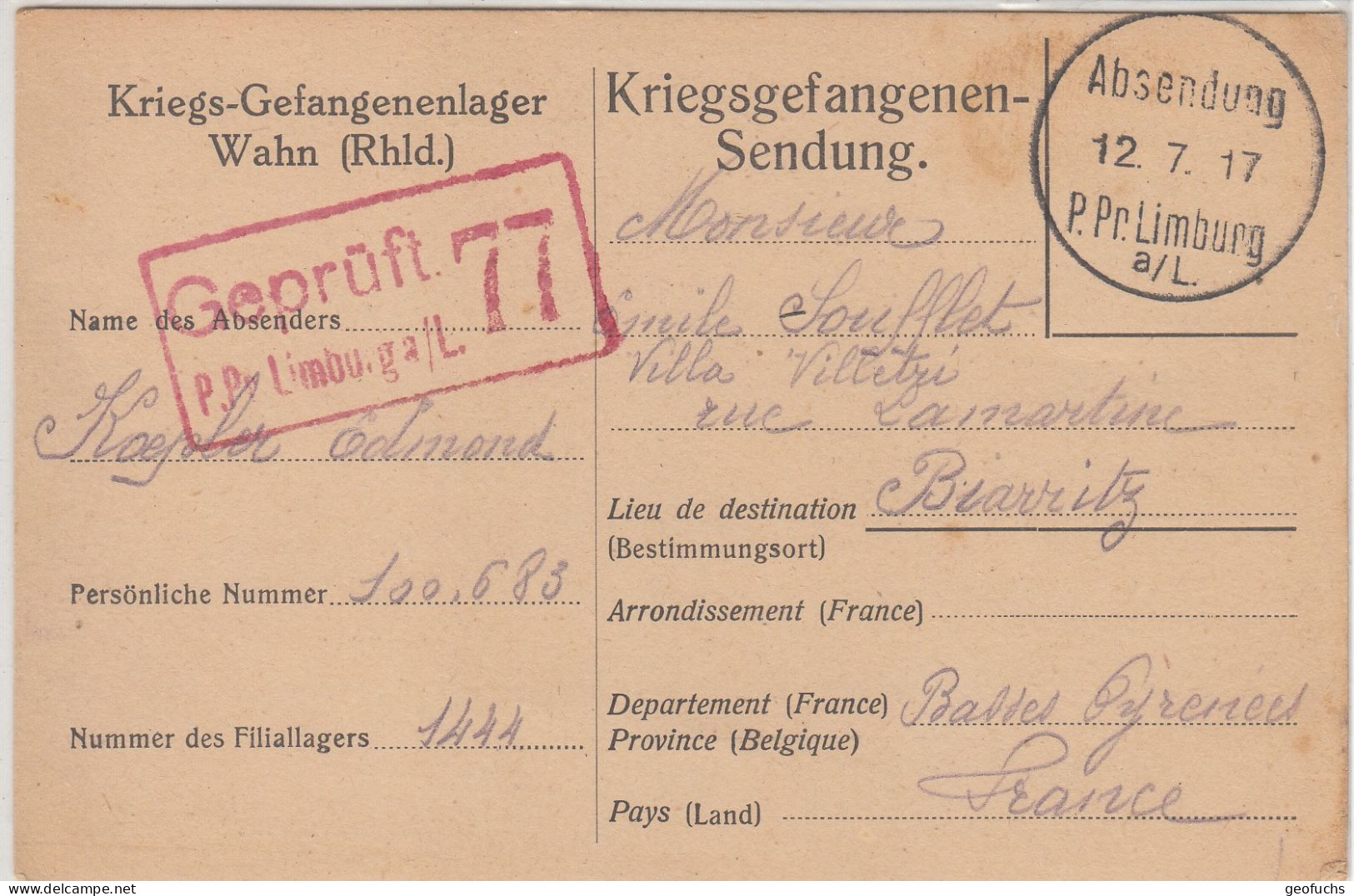 Carte Allemande En Franchise Pour Prisonnier Français, Camp De WAHN (Rhénanie), 12.7.17 - 1. Weltkrieg 1914-1918