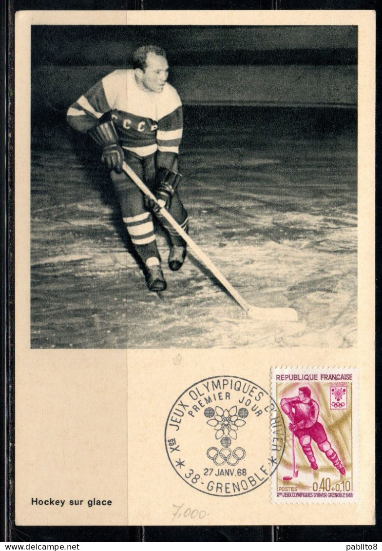 FRANCE FRANCIA 1968 WINTER OLYMPIC GAMES OLYMPICS ICE HOCKEY GRENOBLE 40 + 10c MAXI MAXIMUM CARD CARTE - 1960-1969