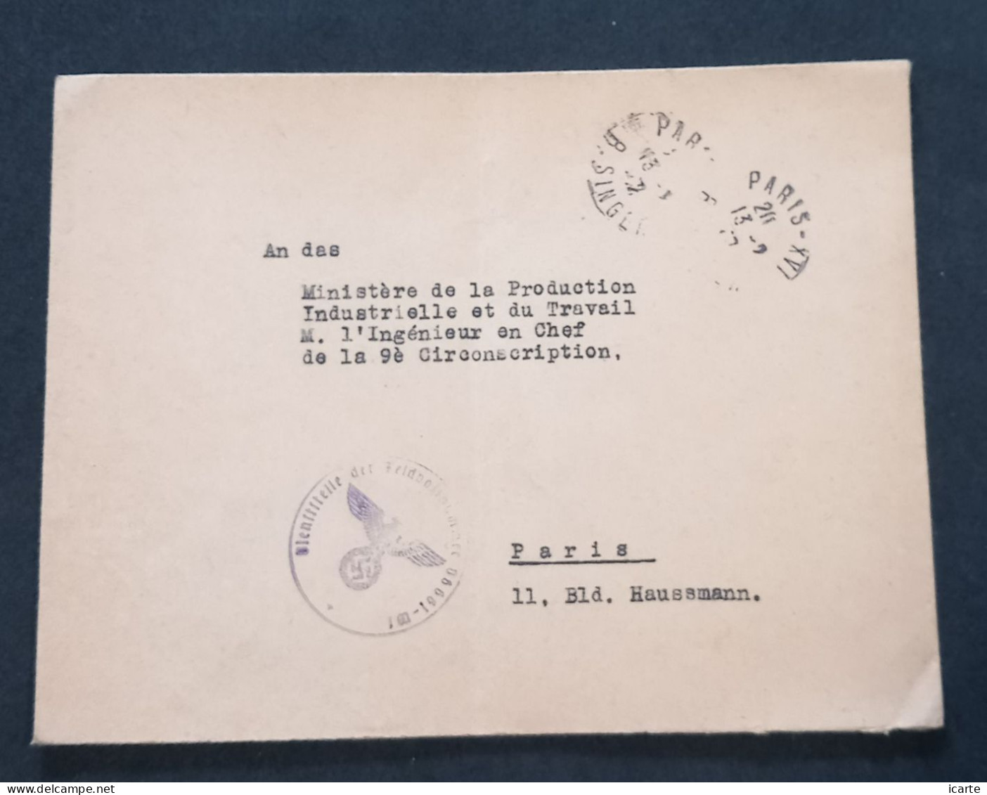 Enveloppe De Paris Vers Paris En Franchise Militaire Allemande Via La Poste Française Oblit Paris XVI Février 1942 - Guerra Del 1939-45