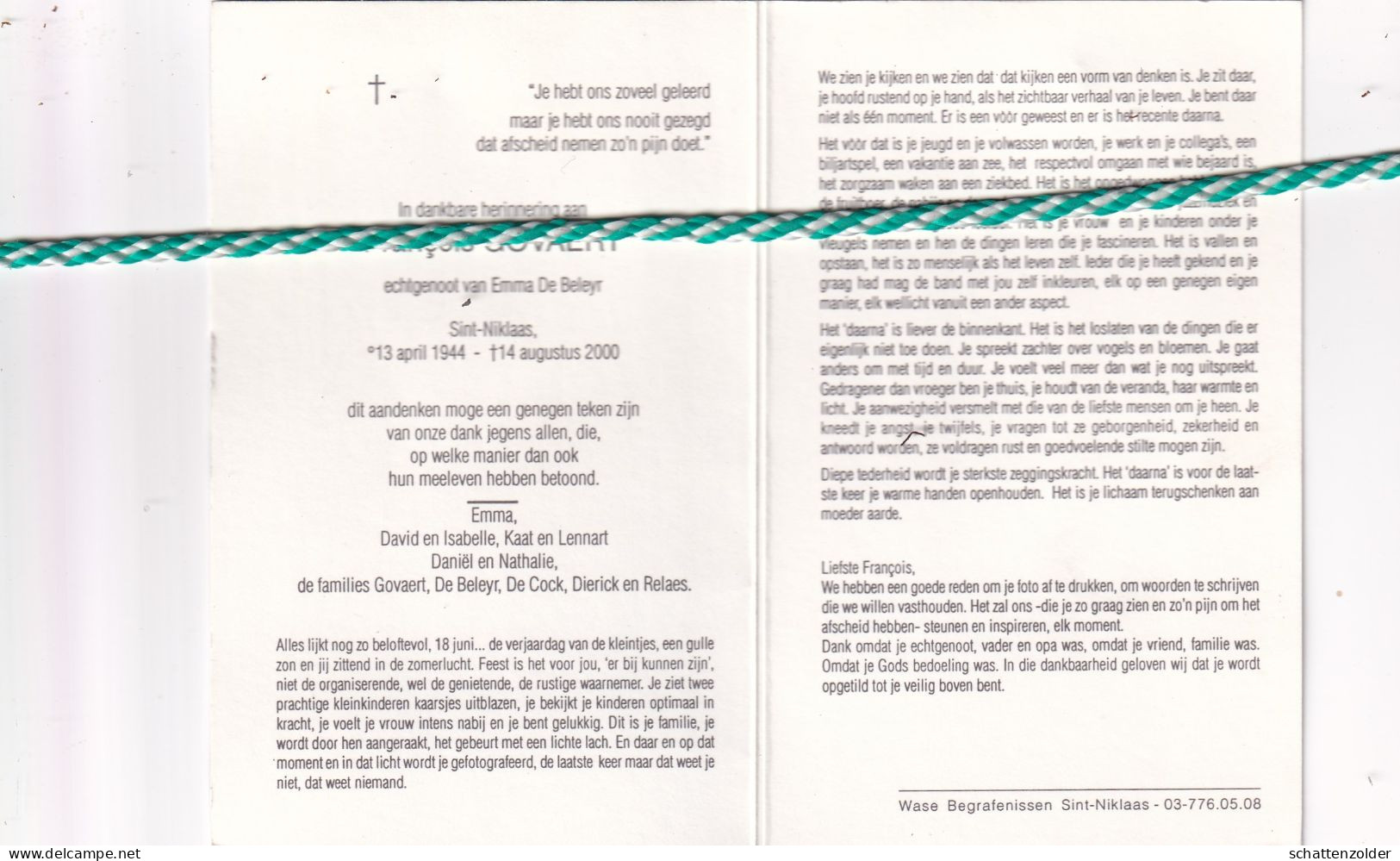 Francois Govaert-De Beleyr, Sint-Niklaas 1944, 2000. Foto - Obituary Notices