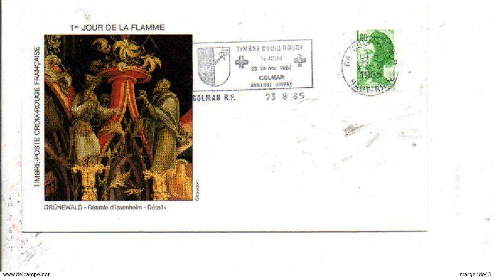 1 ER JOUR FLAMME TIMBRE CROIX ROUGE COLMAR 1985 - Gedenkstempels