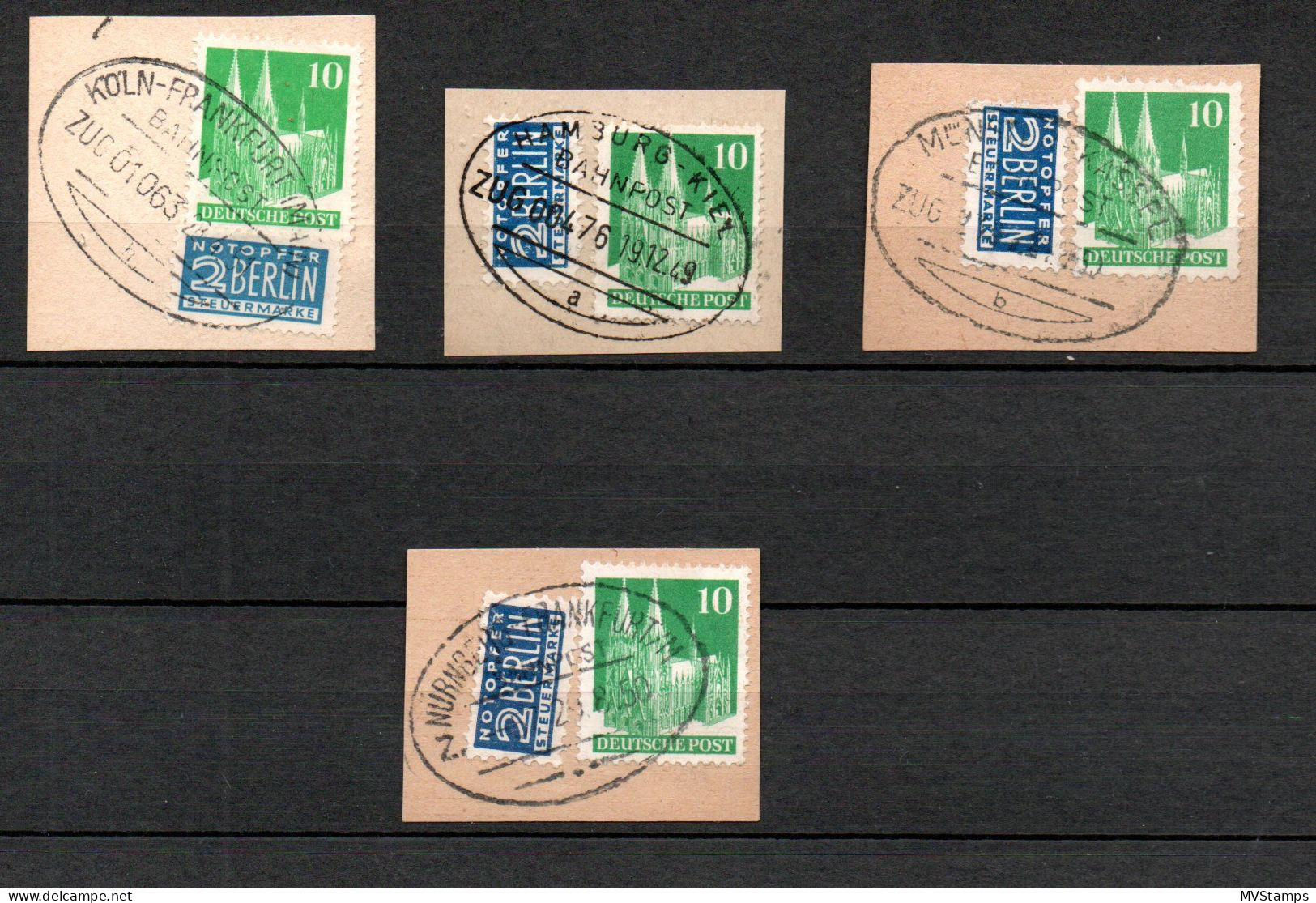 Alliierte Bes. 1948 Bauten Auf Briefstucke (4x) Gebraucht Mit Bahnpoststempel - Usati