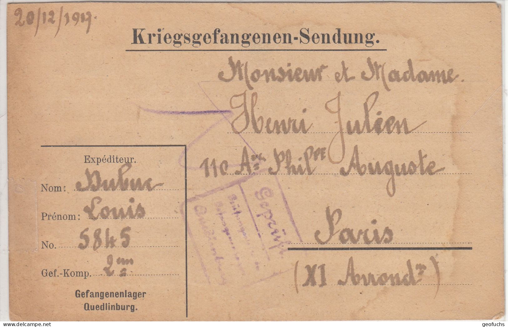 Carte Allemande En Franchise Pour Prisonnier Français, Camp De QUEDLIMBURG (Saxe Anhalt) écrite 20.12.17 - Guerre De 1914-18