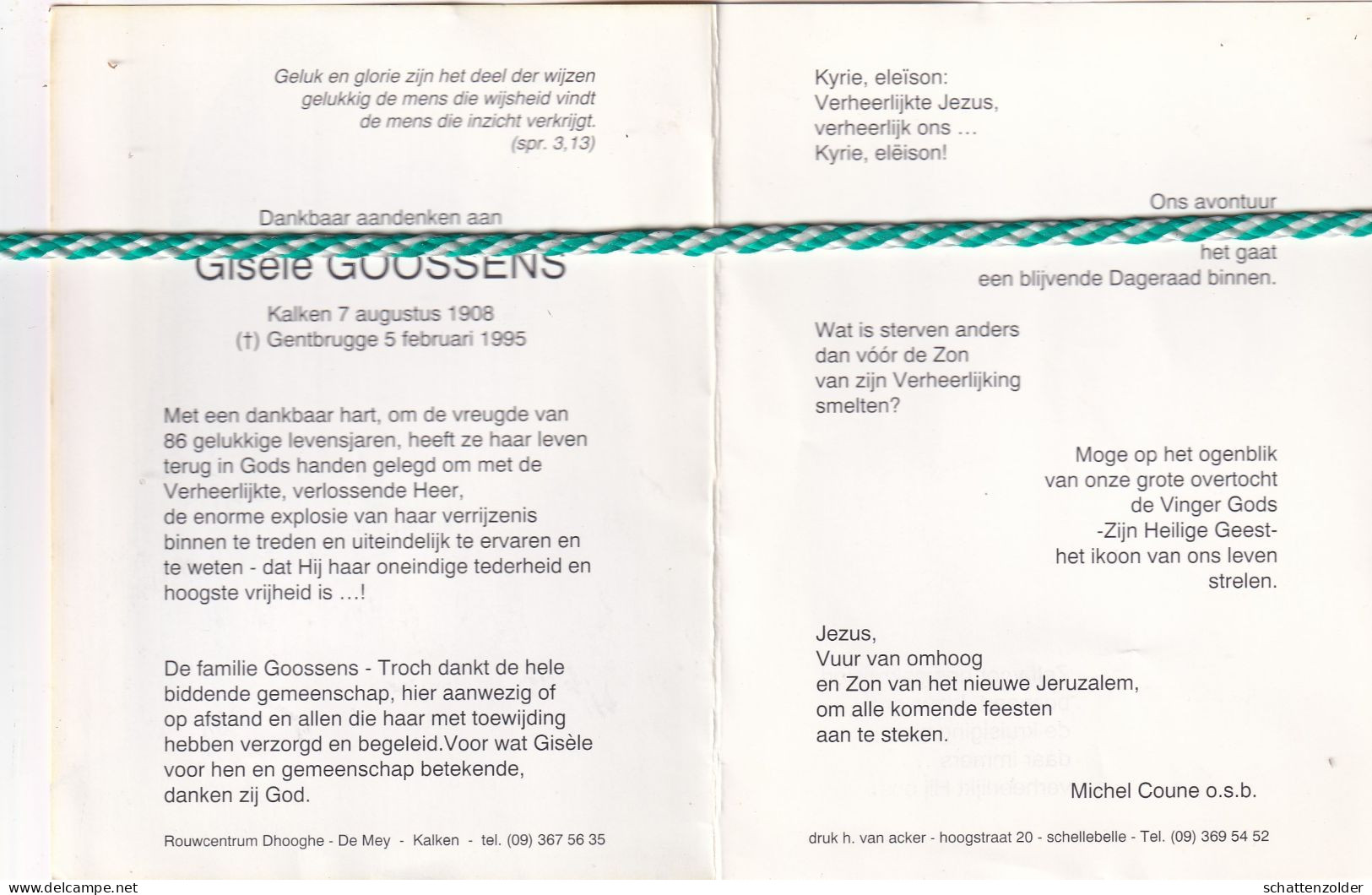 Gisèle Goossens, Kalken 1908, Gentbrugge 1995. Foto Schilderij - Esquela