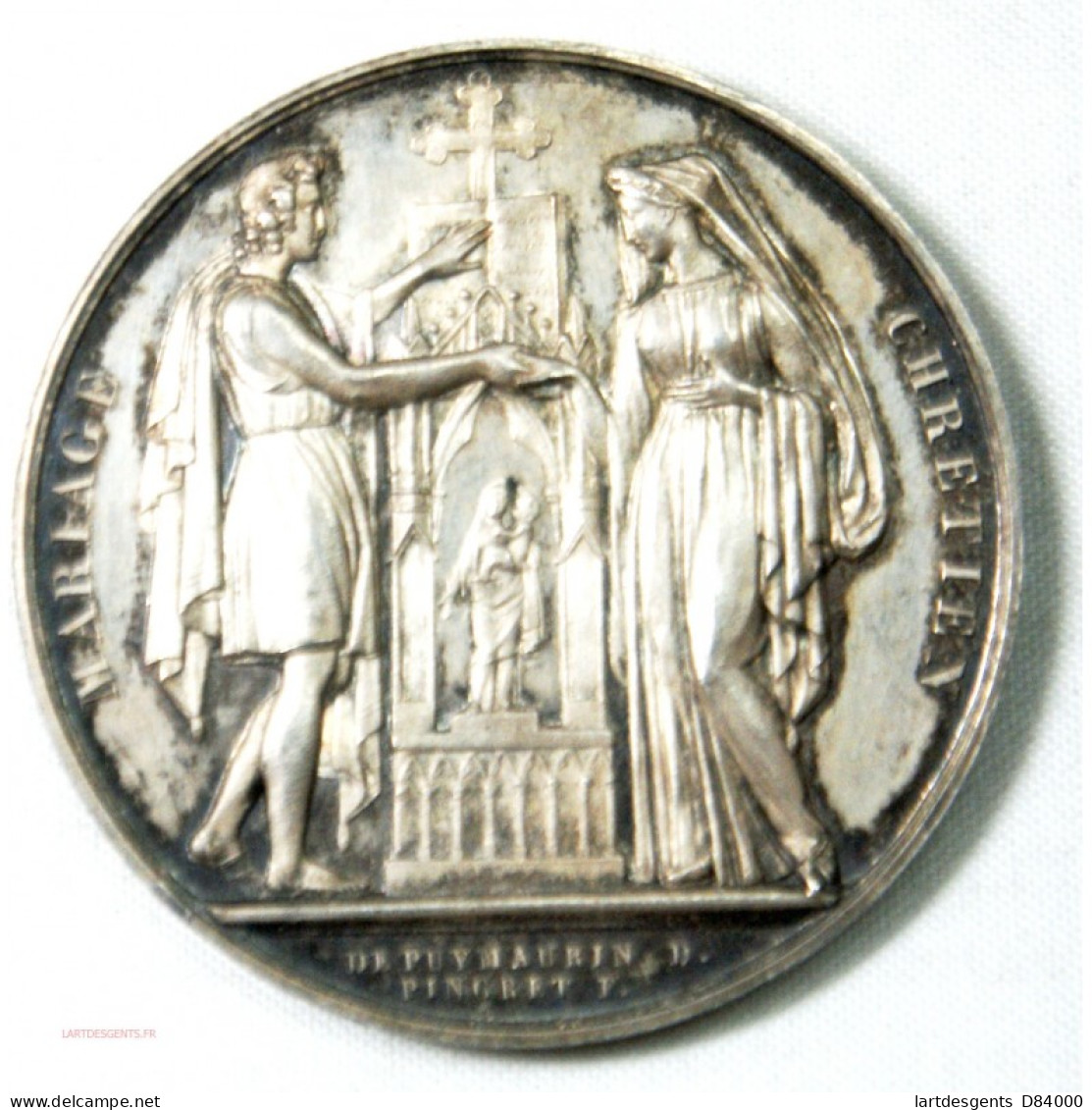 Médaille Argent Mariage Chrétien Attribuée 1843 Par DEPUYMAURIN D. - Professionnels/De Société