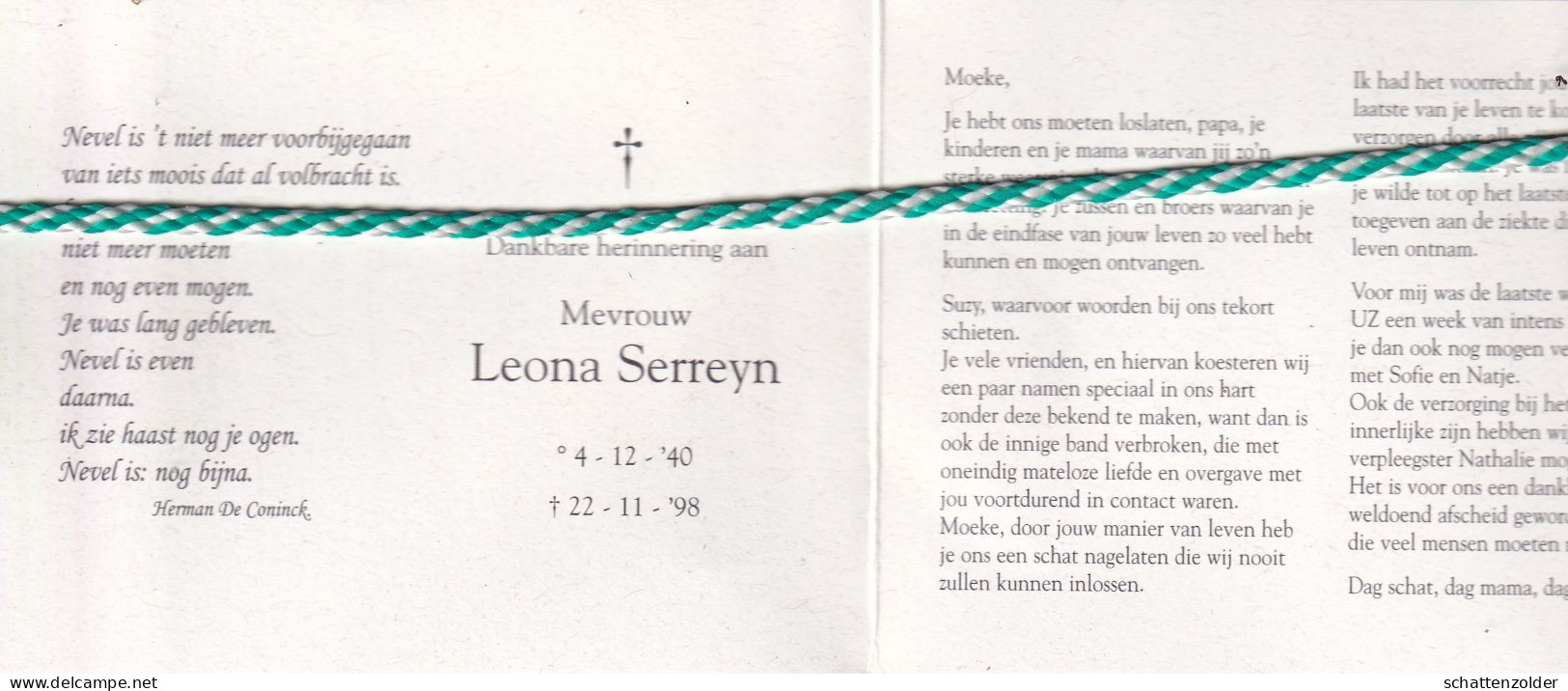 Leona Serreyn, 1940, 1998. Foto Dameshoed - Overlijden