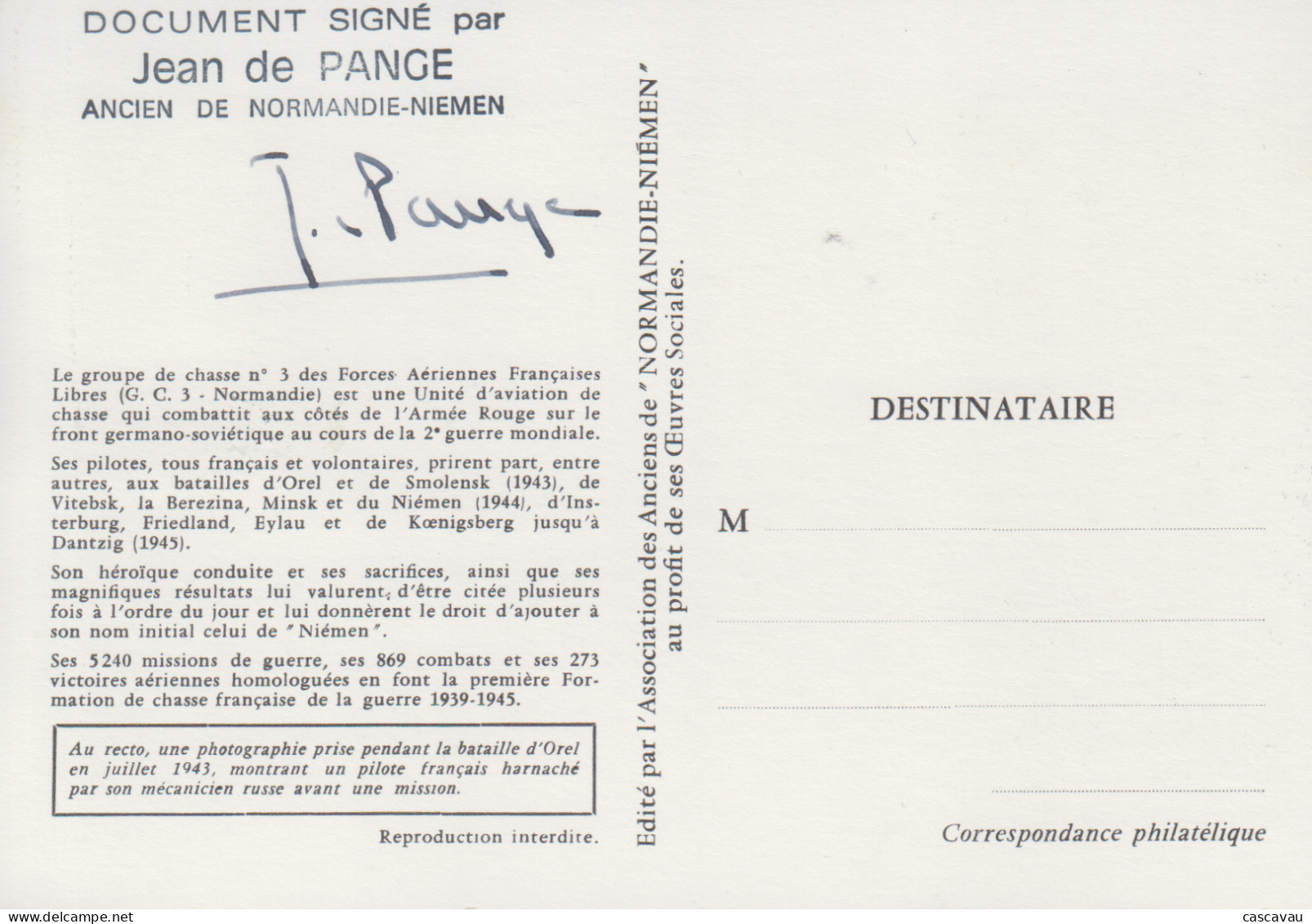 Carte   Maximum   1er   Jour    FRANCE    Escadrille  NORMANDIE - NIEMEN    Avec   Signature  D'un  Vétéran   1969 - 1960-1969