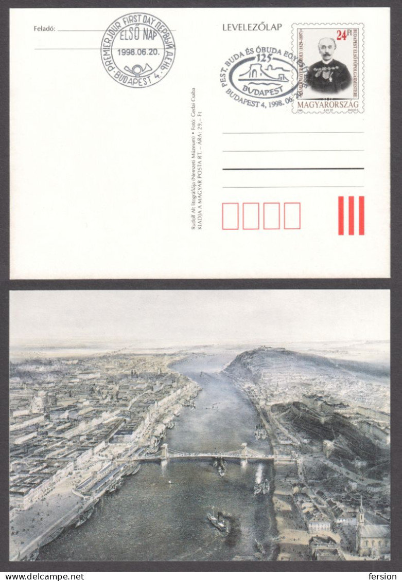 Stamer Steamship DANUBE 1966 Széchenyi Chain BRIDGE Kamermayer 1st Mayor Budapest 1998 HUNGARY STATIONERY POSTCARD FDC - Brücken