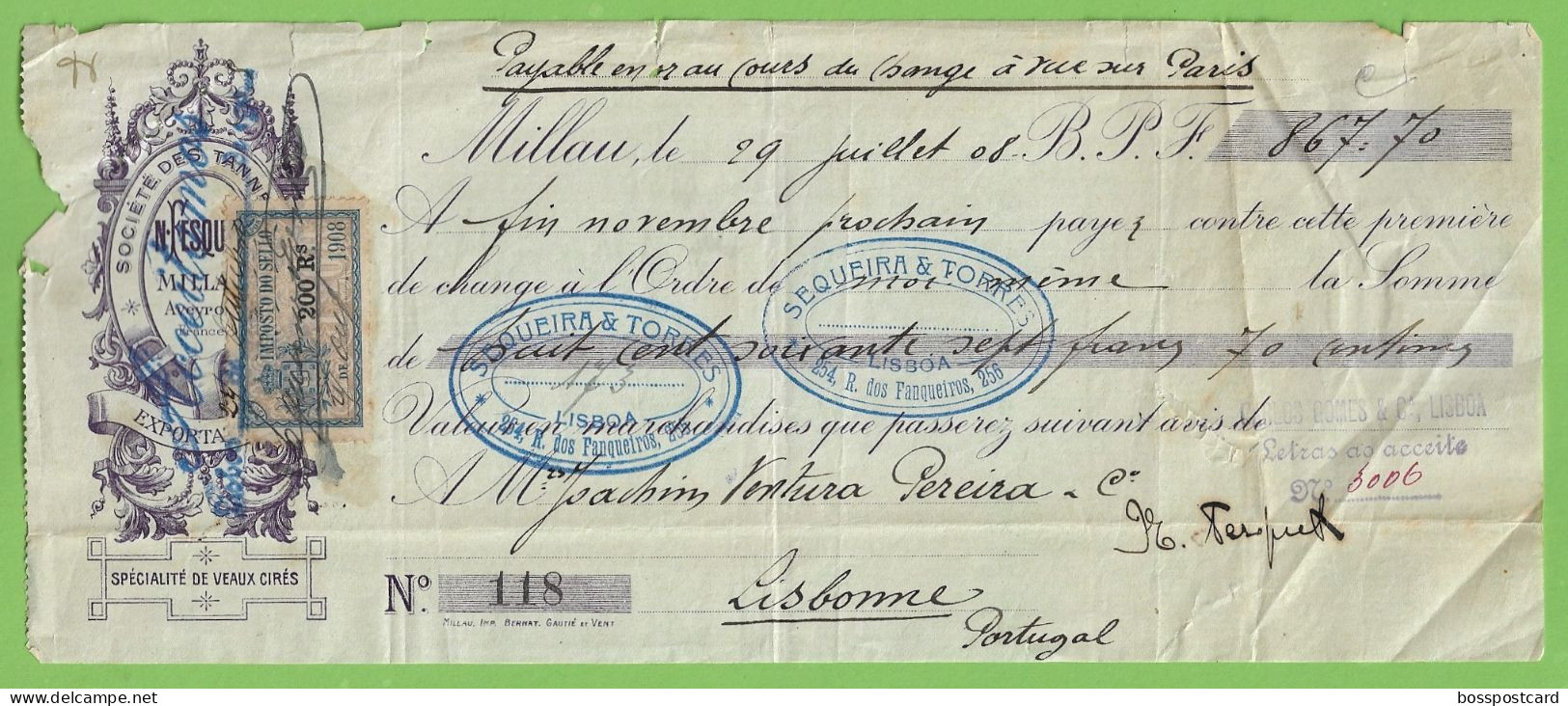 Paris - Millan - Letra - Bank - Lisboa - Portugal - France (danificado) - Cheques & Traverler's Cheques