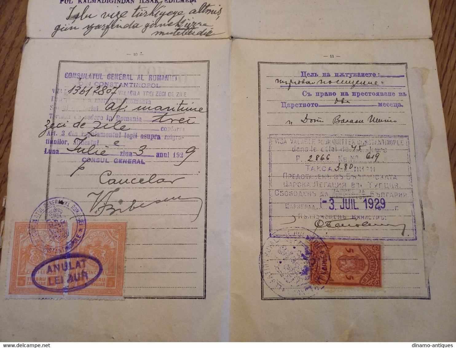 1929 Italy passport passeport issued in Constantinople Turkey with travel to Romania Bulgaria rare type revenues fiscal