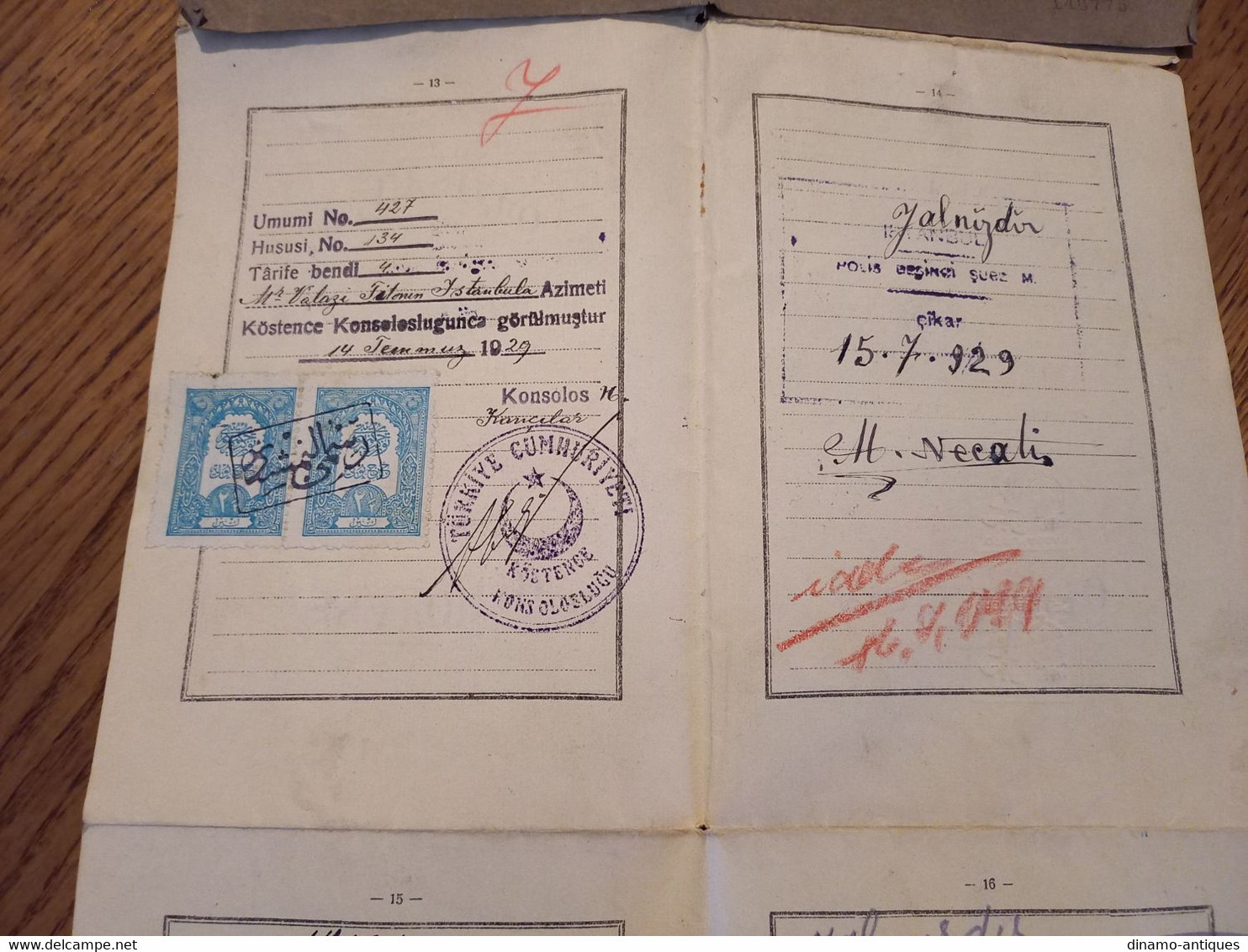 1929 Italy passport passeport issued in Constantinople Turkey with travel to Romania Bulgaria rare type revenues fiscal