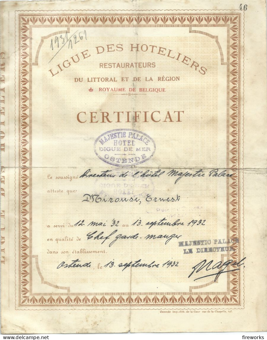1932 CERTIFICAT DE TRAVAIL COMME CHEF GARDE MANGER  AU "MAJESTIC PALACE D'OSTENDE" - Verzamelingen