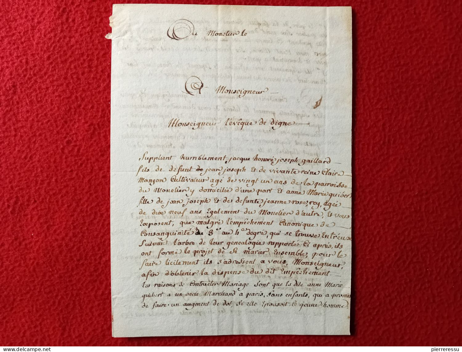 LETTRE DU MONETIER A L EVEQUE DE DIGNE GENEALOGIE JOSEPH GAILLARD ANNE MARIE GUIBERT SIGNE MERLE CURE A LIRE - Historical Documents