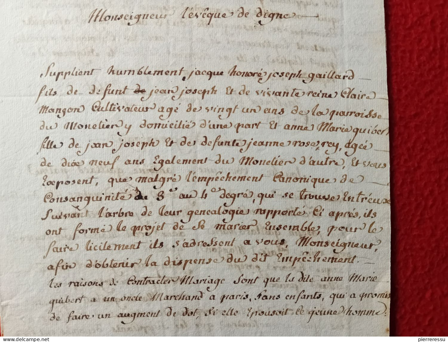 LETTRE DU MONETIER A L EVEQUE DE DIGNE GENEALOGIE JOSEPH GAILLARD ANNE MARIE GUIBERT SIGNE MERLE CURE A LIRE - Historical Documents