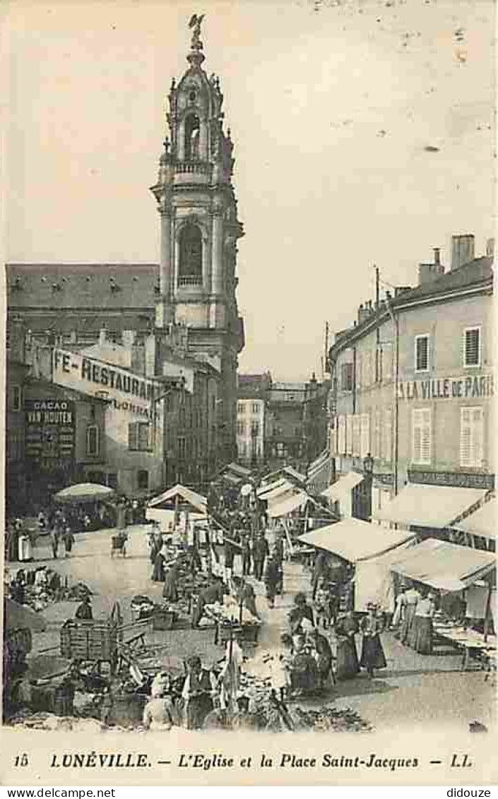 54 - Lunéville - L'Eglise Et La Place St Jacques - Animée - Marché - CPA - Voir Scans Recto-Verso - Luneville