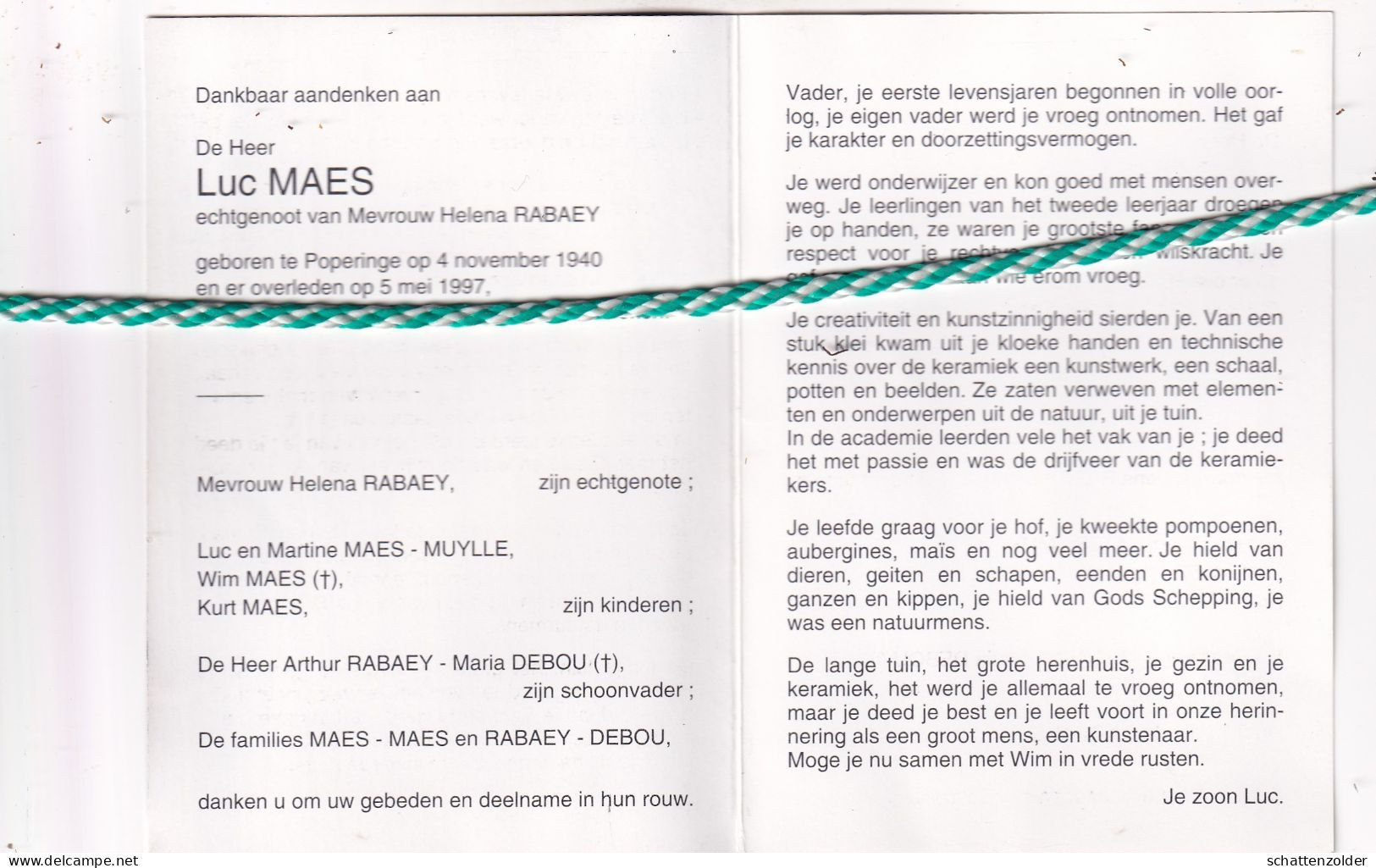 Luc Maes-Rabaey, Poperinge 1940, 1997. Foto - Obituary Notices