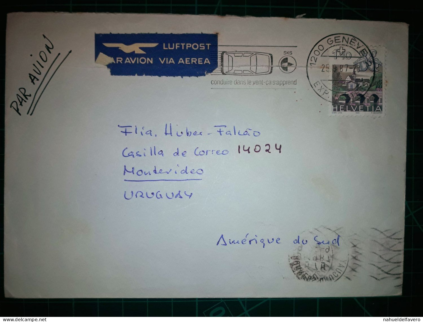 HELVETIA, Enveloppe Circulée Par Avion à Montevideo, République Orientale De L'Uruguay. Cachet Spécial De La Poste. Anné - Gebruikt