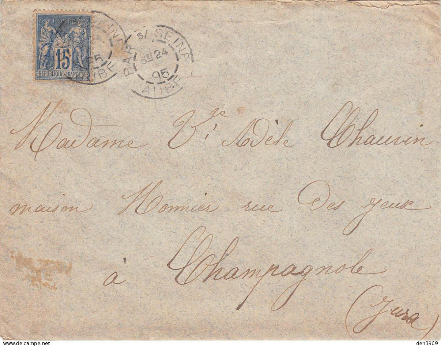 Enveloppe Adèle Chauvin, Maison Monnier, Rue Des Jeux à CHAMPAGNOLE (Jura) - Cachet Poste Bar/Seine, 1895 - Champagnole