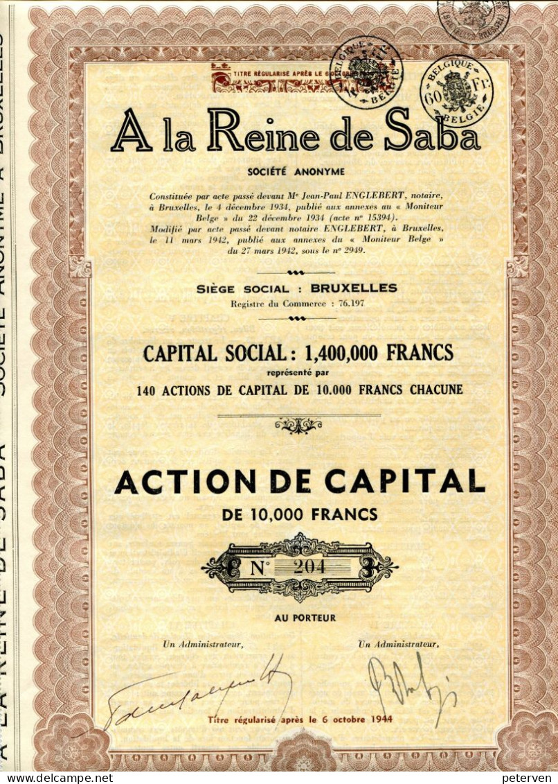 A La REINE De SABA; Action De Capital De 10.000 Francs - Agriculture