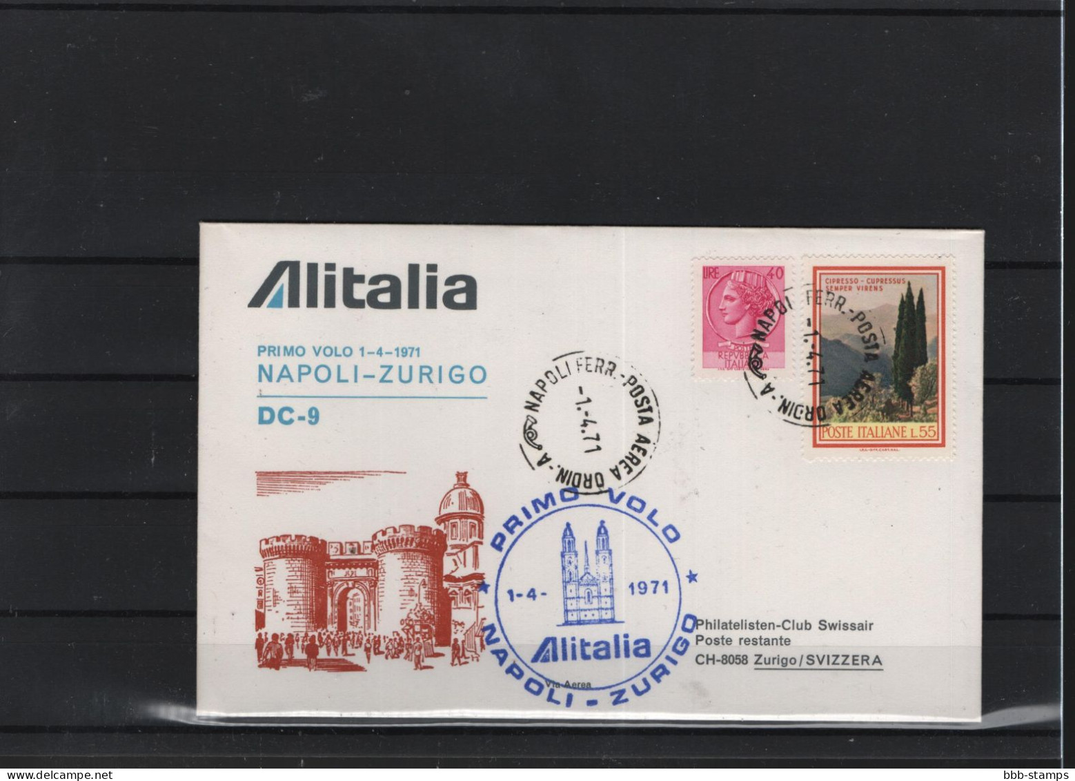 Schweiz Luftpost FFC  Alitalia 1.4.1971 Neapel - Zürich - Erst- U. Sonderflugbriefe