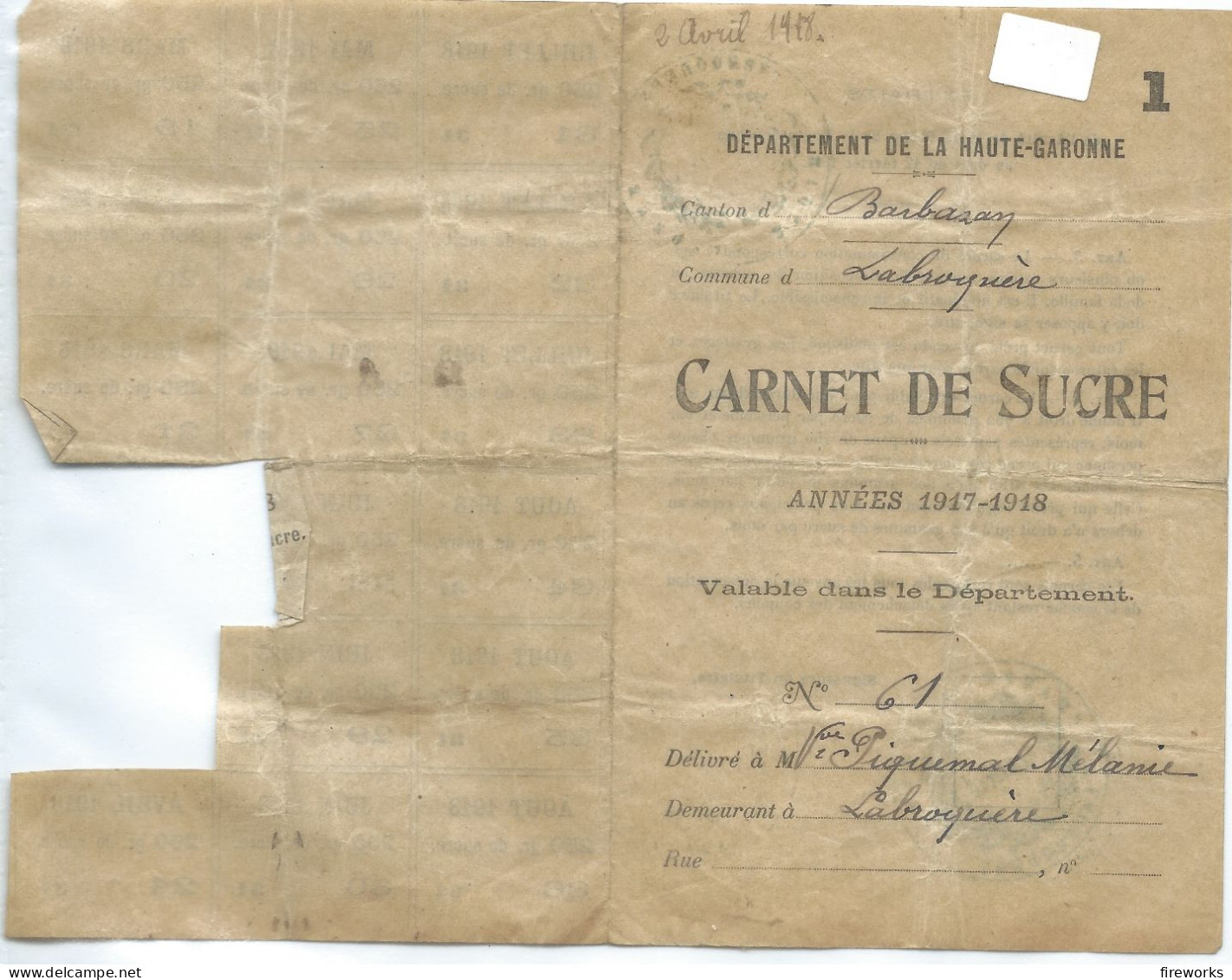 1917-1918 CARNET DE SUCRE - DEPARTEMENT DE LA HAUTE-GARONNE - COMMUNE DE LABROQUERE (31) - Documents