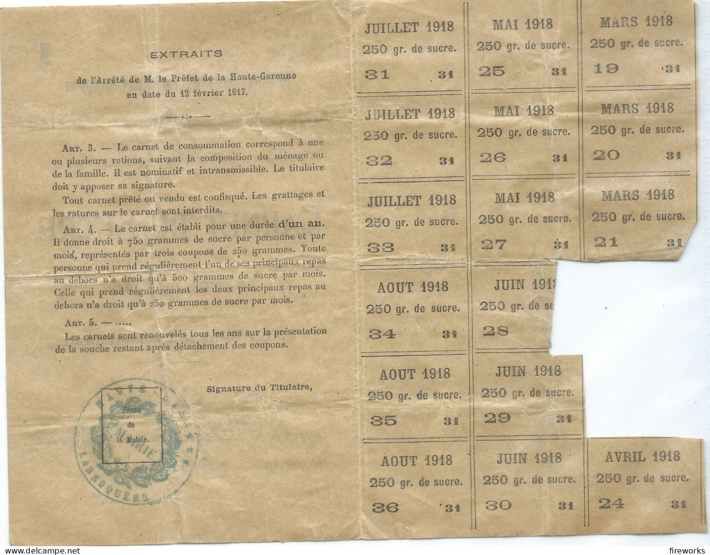 1917-1918 CARNET DE SUCRE - DEPARTEMENT DE LA HAUTE-GARONNE - COMMUNE DE LABROQUERE (31) - Dokumente