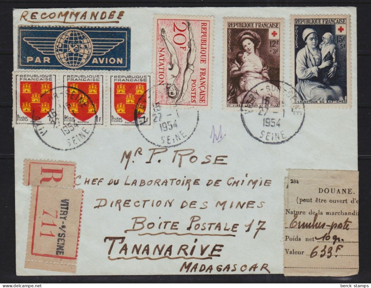 FRANCE - Lettre Par Avion  Recommandée - VITRY Pour TANANARIVE Le 27.1.54 Arrivée Le 30.1.57. - Storia Postale