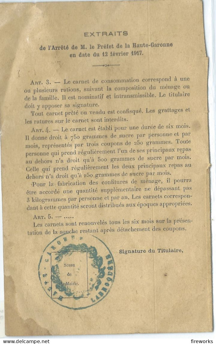 1917 CARNET DE SUCRE - DEPARTEMENT DE LA HAUTE-GARONNE - COMMUNE DE LABROQUERE (31) - Documentos