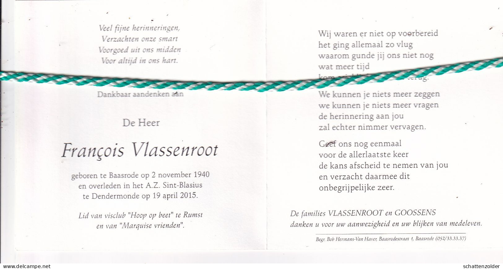 Francois Vlassenroot, Baasrode 1940, Dendermonde 2015. Foto - Overlijden