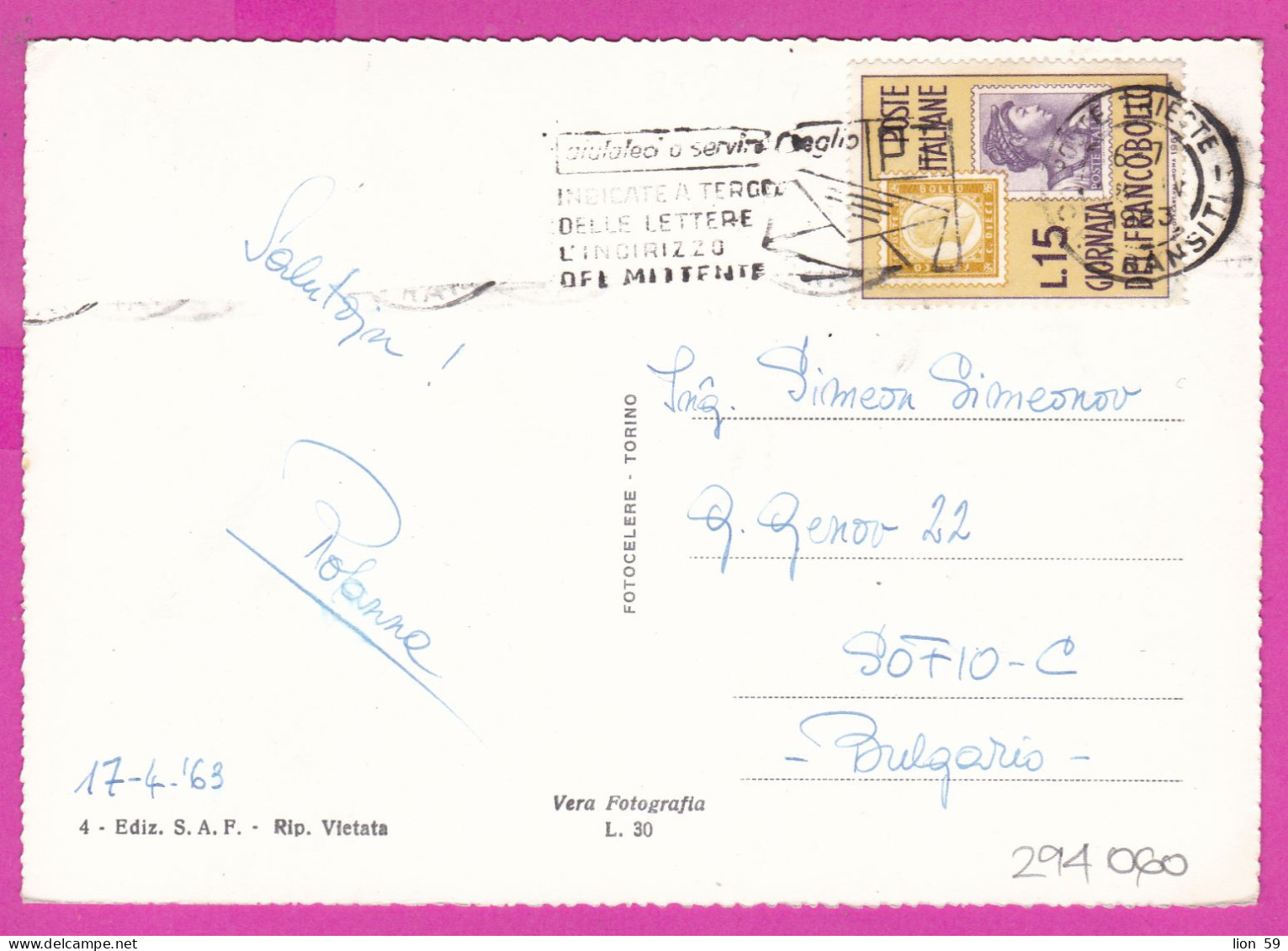 294060 / Italy - TRIESTE - Riva 3 Novembre PC 1963 USED 15 L Stamps On Stamps Day Of The Stamp Flamme Post - 1961-70: Marcofilie