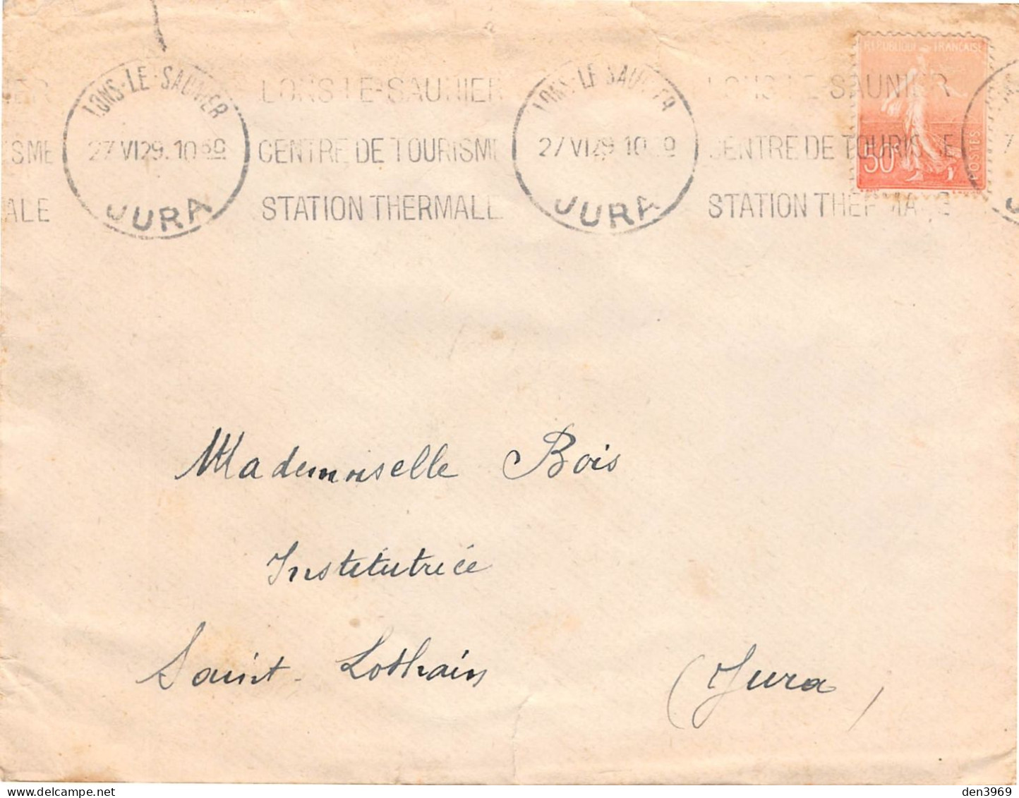 Enveloppe Mlle Bois, Institutrice à SAINT-LOTHAIN (Jura) - Cachet En Cire Au Verso, Poste Lons-le-Saunier, 1929 (2 Scans - Other & Unclassified